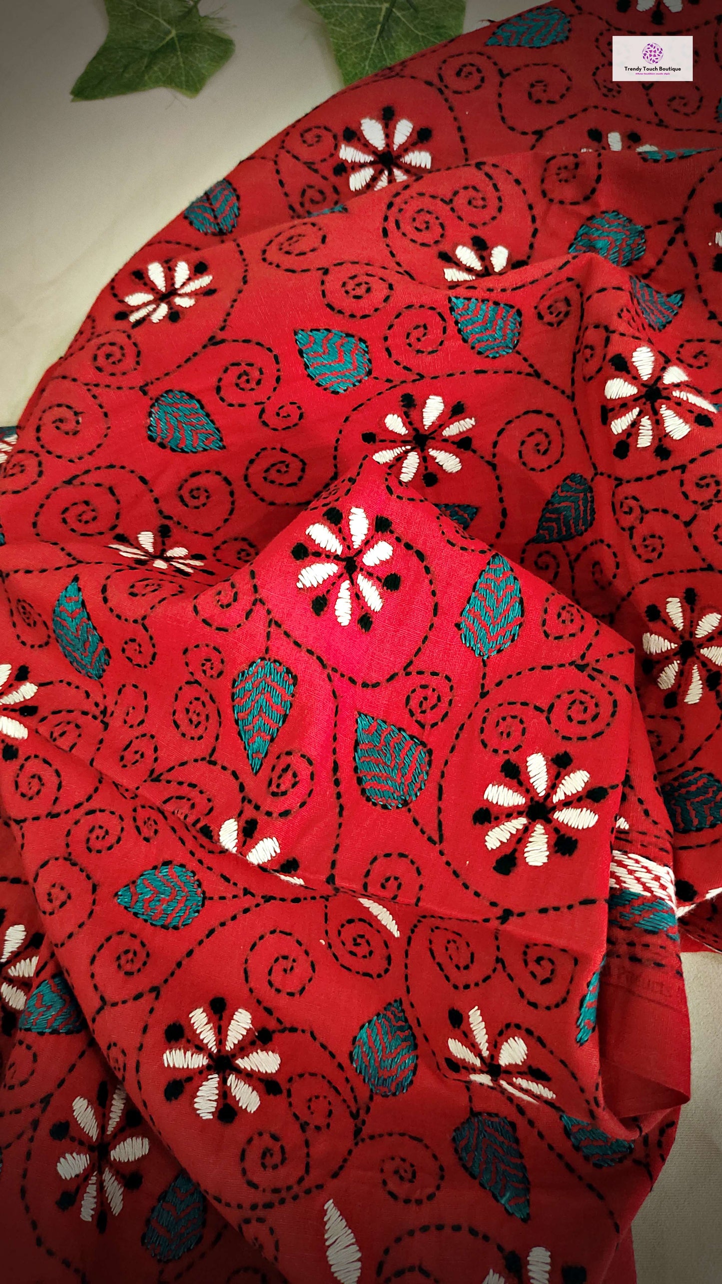 kantha handembroidered pure cotton designer statement dupatta for kurti styling in summer Holi sale best price red floral handcrafted