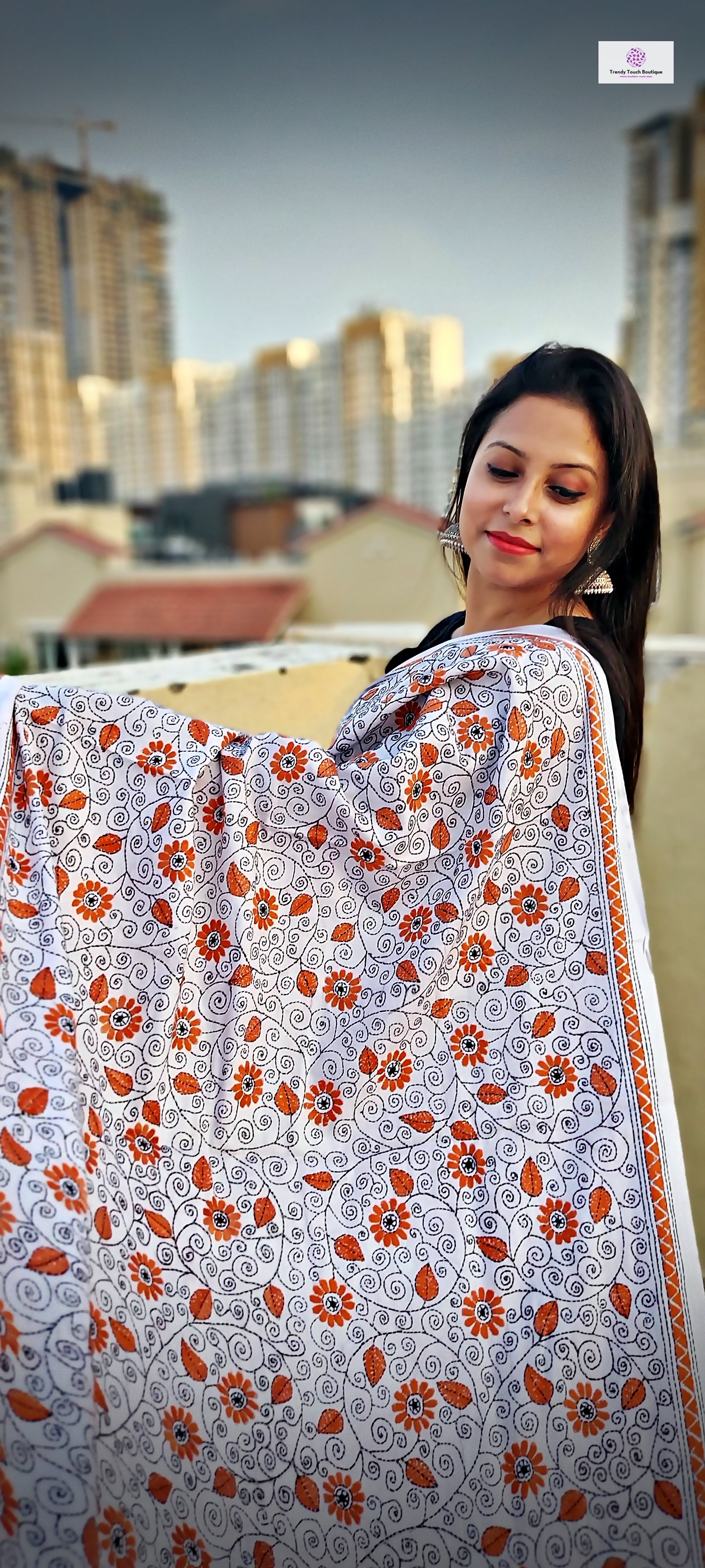kantha handembroidered pure cotton designer statement dupatta for kurti styling in summer Holi sale best price white orange floral handcrafted