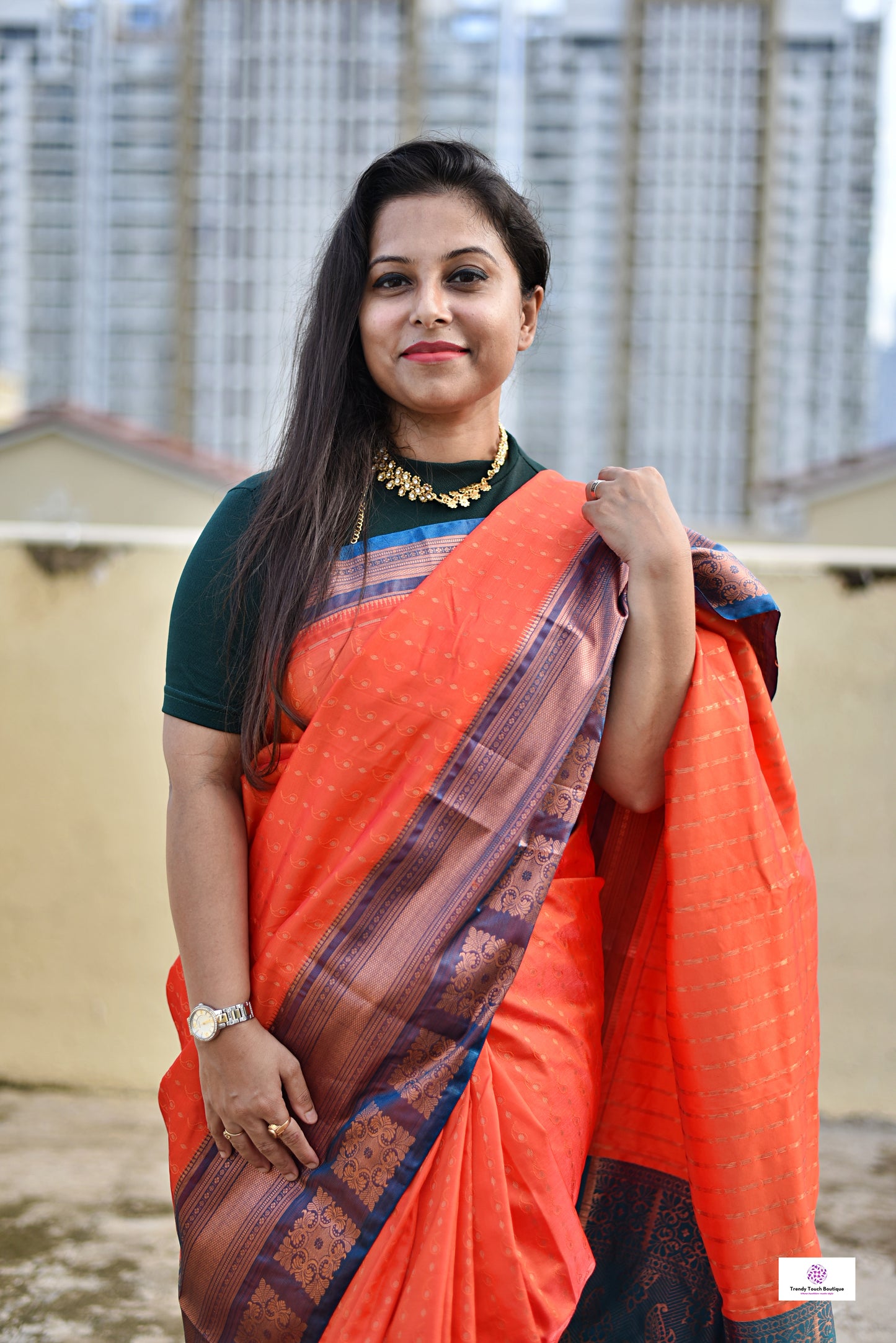 Ankhi - Peach Orange & Teal Green - Semi Kanjivaram Silk Saree