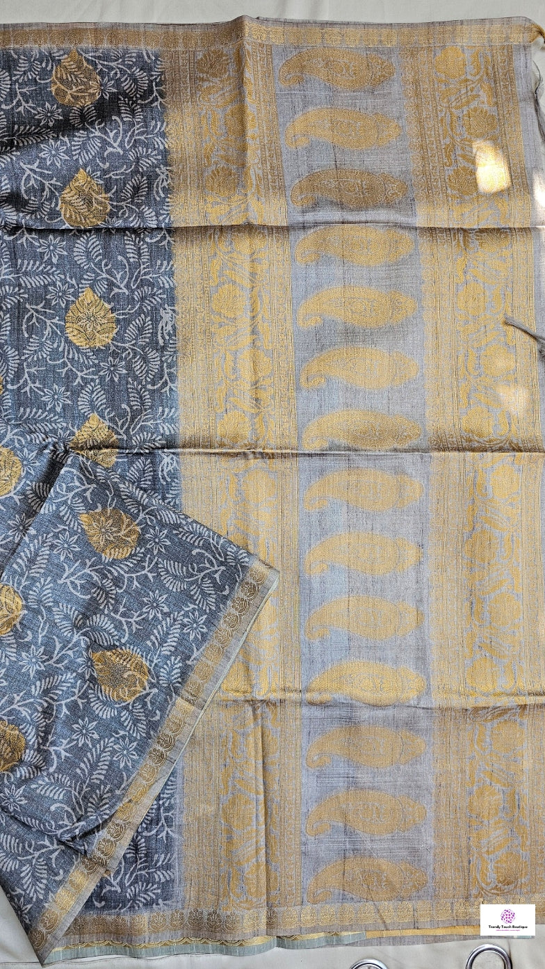 Grey Leaf - Semi Tussar Silk Saree