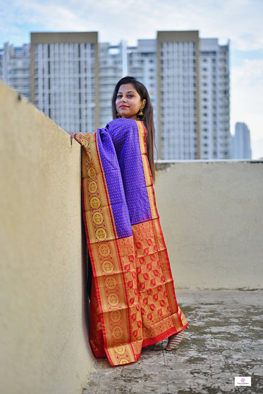 blue red festive and special ocassion lightweight silk saree zari work buta on body and traditional motif on saree edges and pallu with blouse piece and best price