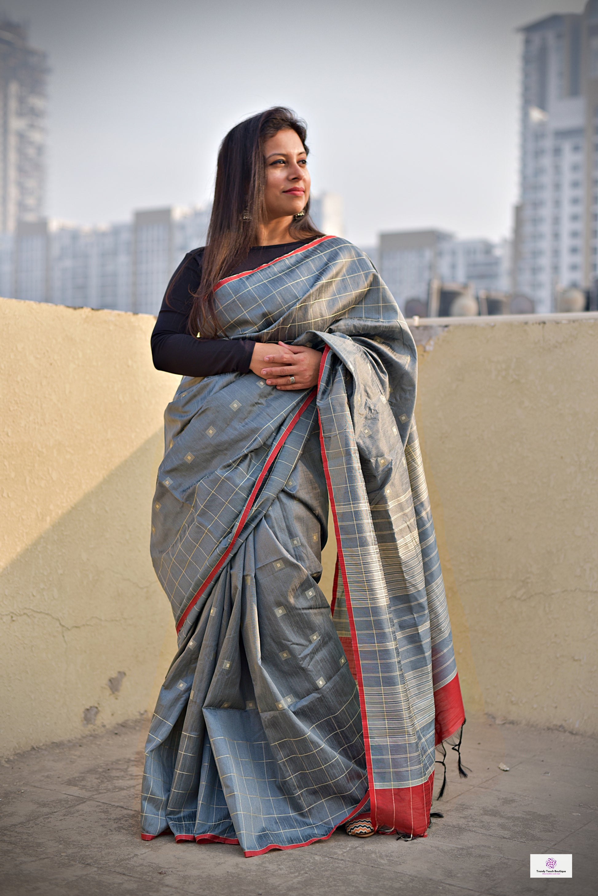 grey red handloom silk cotton office wear formal wear sarees check pattern with blouse piece contrast best price online