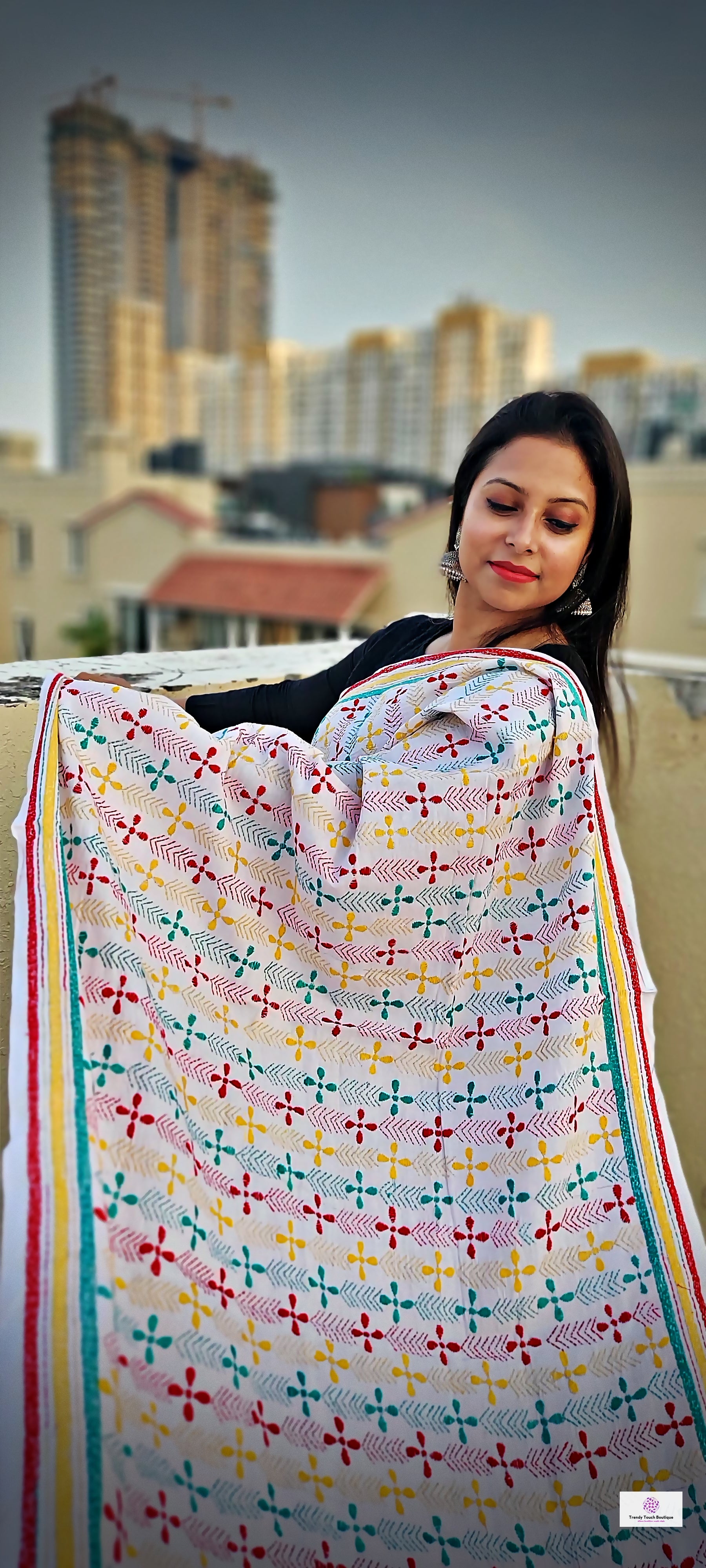 kantha handembroidered pure cotton designer statement dupatta for kurti styling in summer Holi sale best price green red yellow on white floral handcrafted