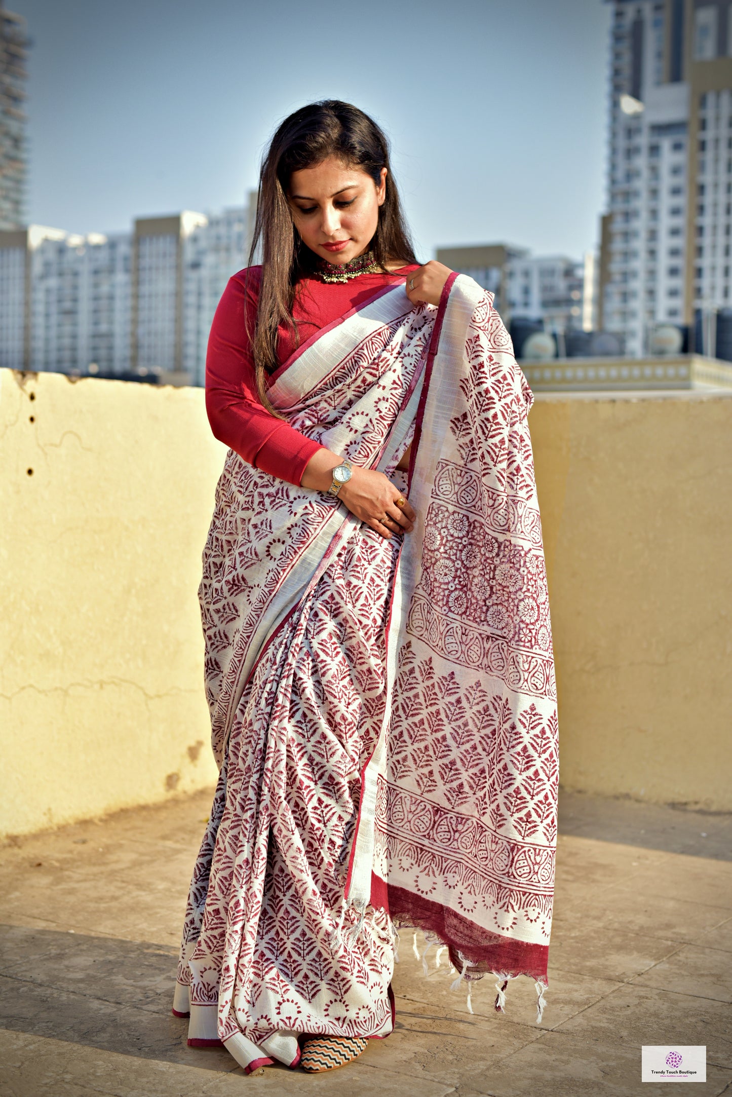 Maroon White Organic Linen Saree Handblock print in natural dye green soft best summer saree for office and casual outing best price with blouse piece