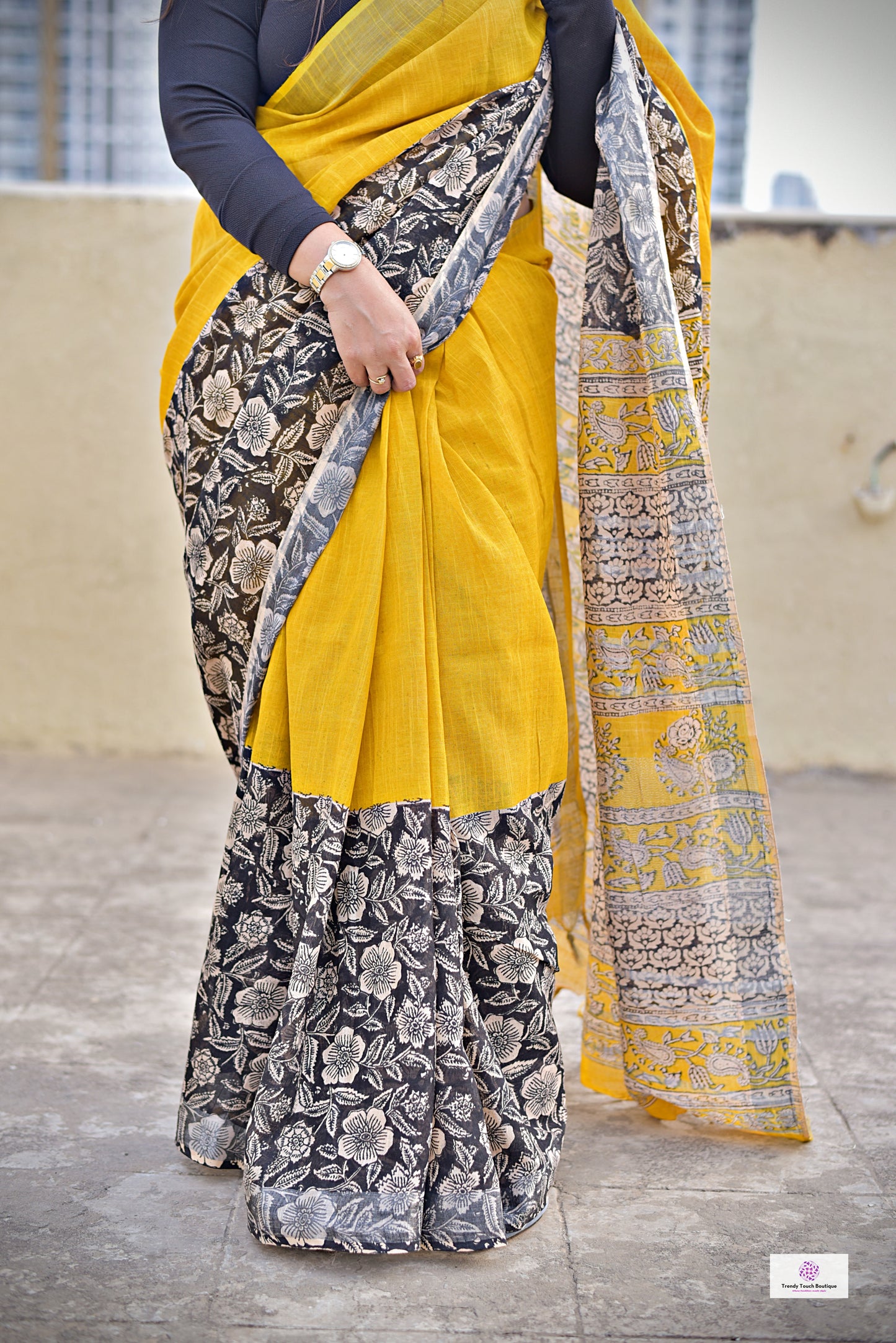 Yellow Black Organic linen saree handblock print in natural dye best summer fabric best price buy online casual and formal saree