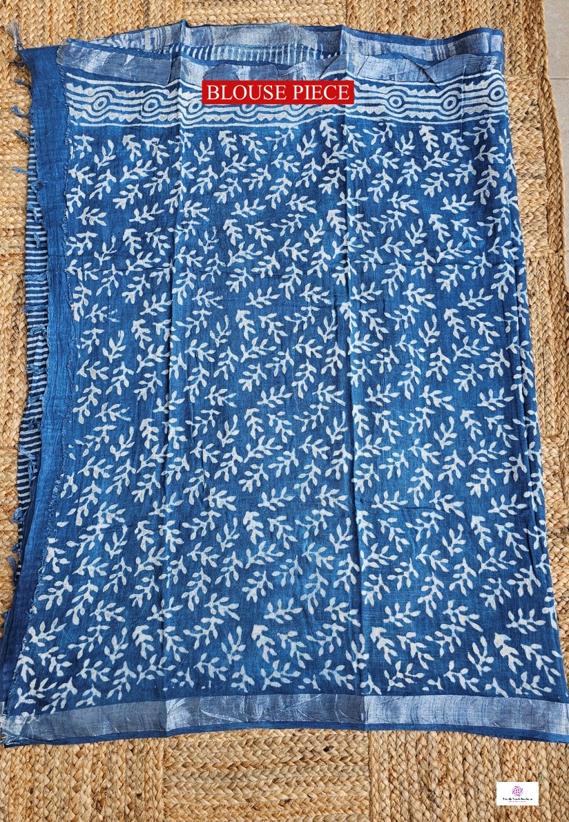 INDIGO STRIPE - HANDBLOCK PRINT - LINEN SAREE