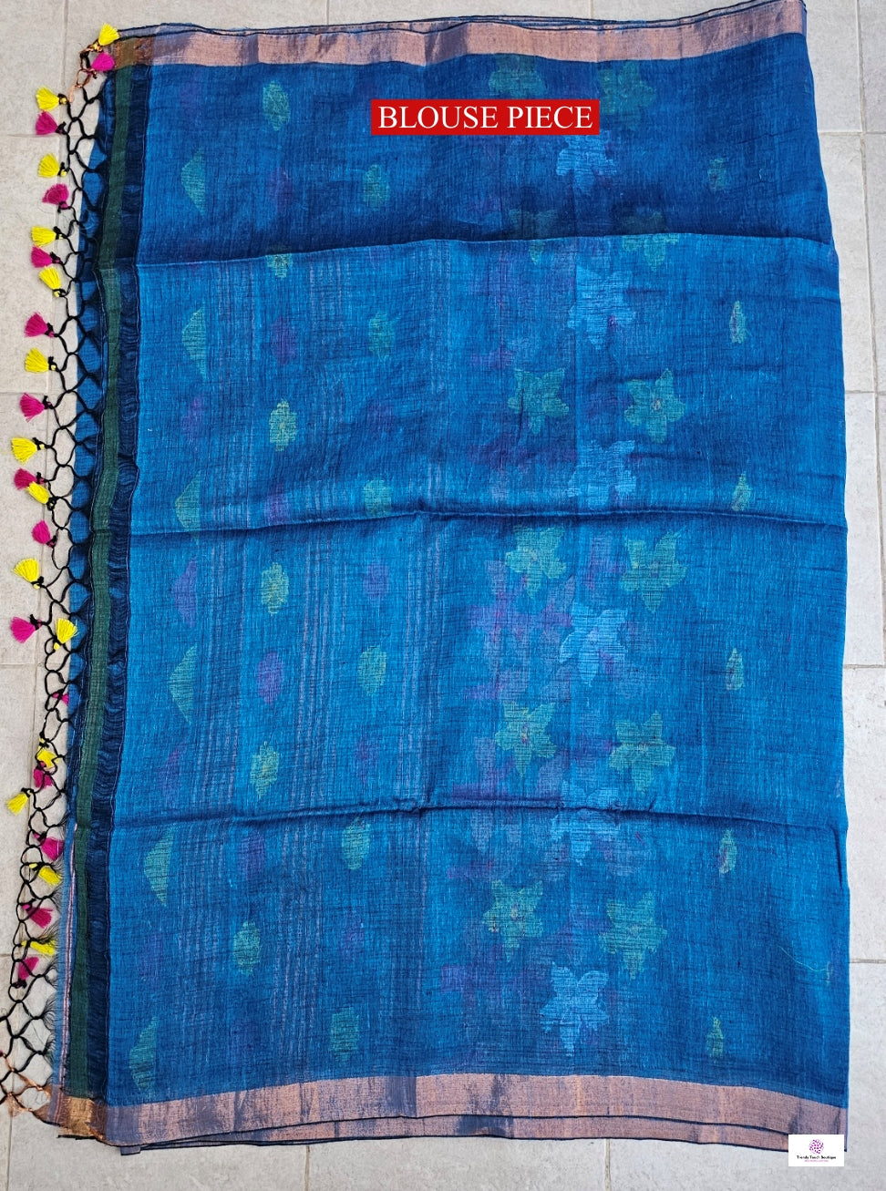 Blue Florals - Jamdani Handloom - Linen Saree