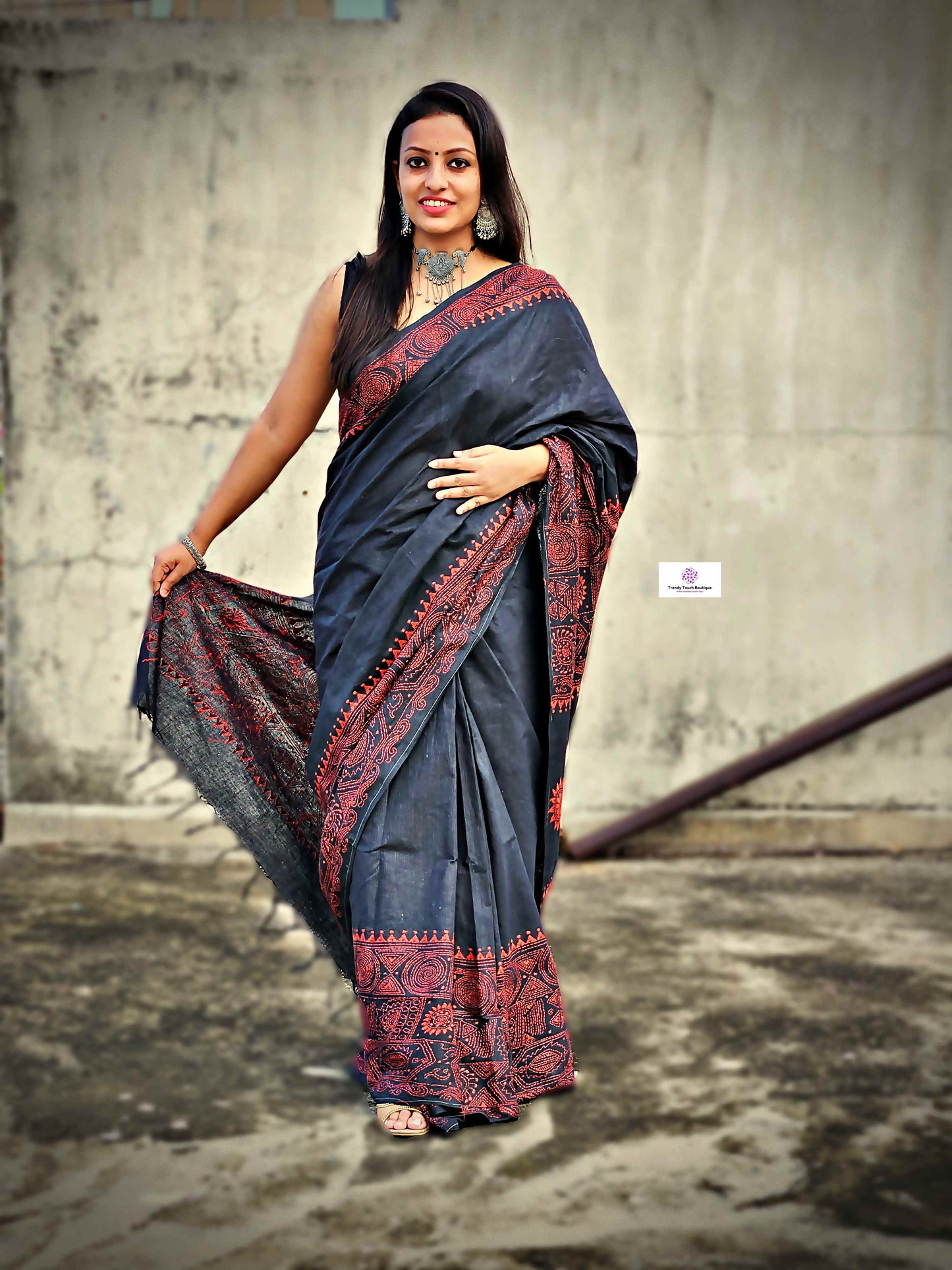 Cotton handloom black saree with orange thread kantha hand embroidered best summer fabric for formal and casual styling marriage functions and family events with blouse piece best price