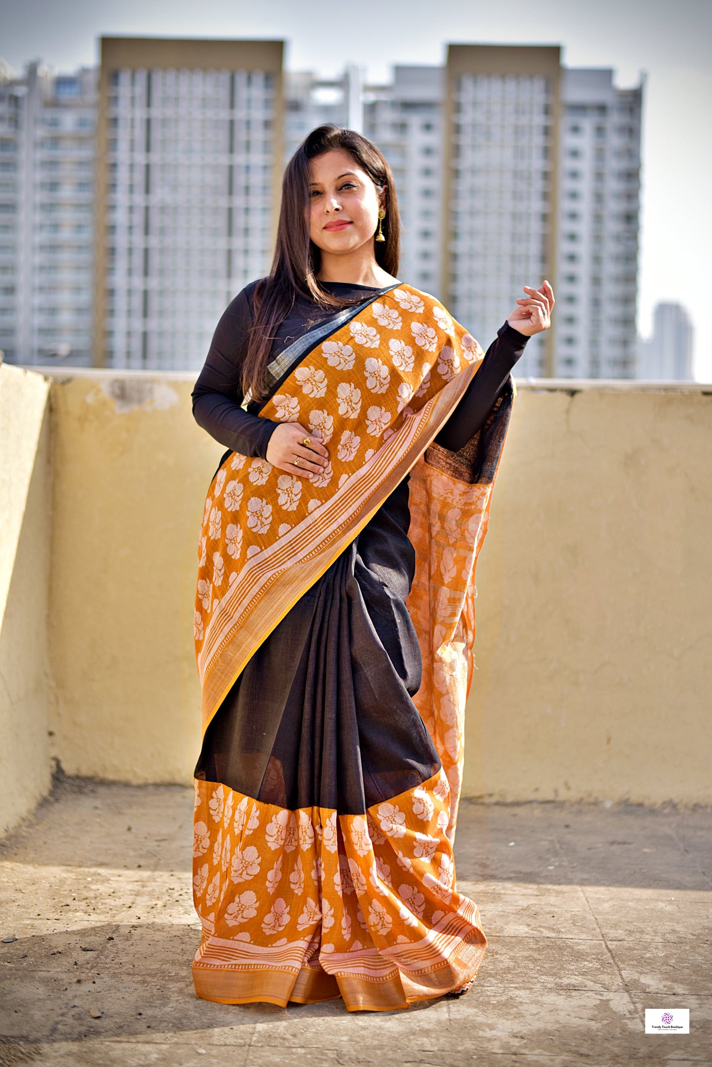 Orange Black Handblock print linen saree organic dye best summer fabric best price casual and formal saree