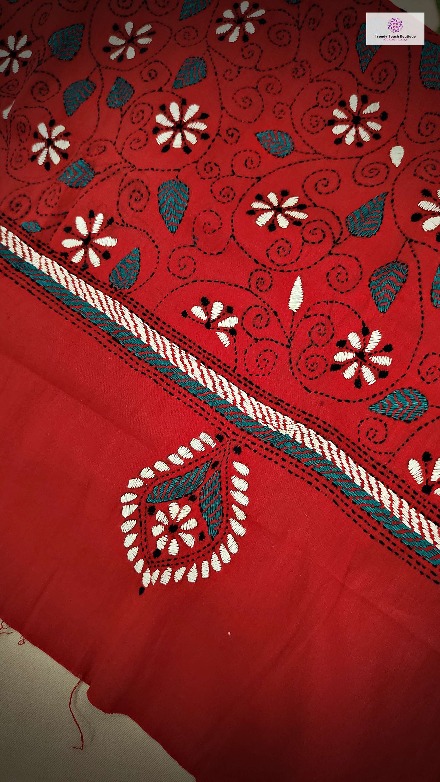 kantha handembroidered pure cotton designer statement dupatta for kurti styling in summer Holi sale best price red floral handcrafted