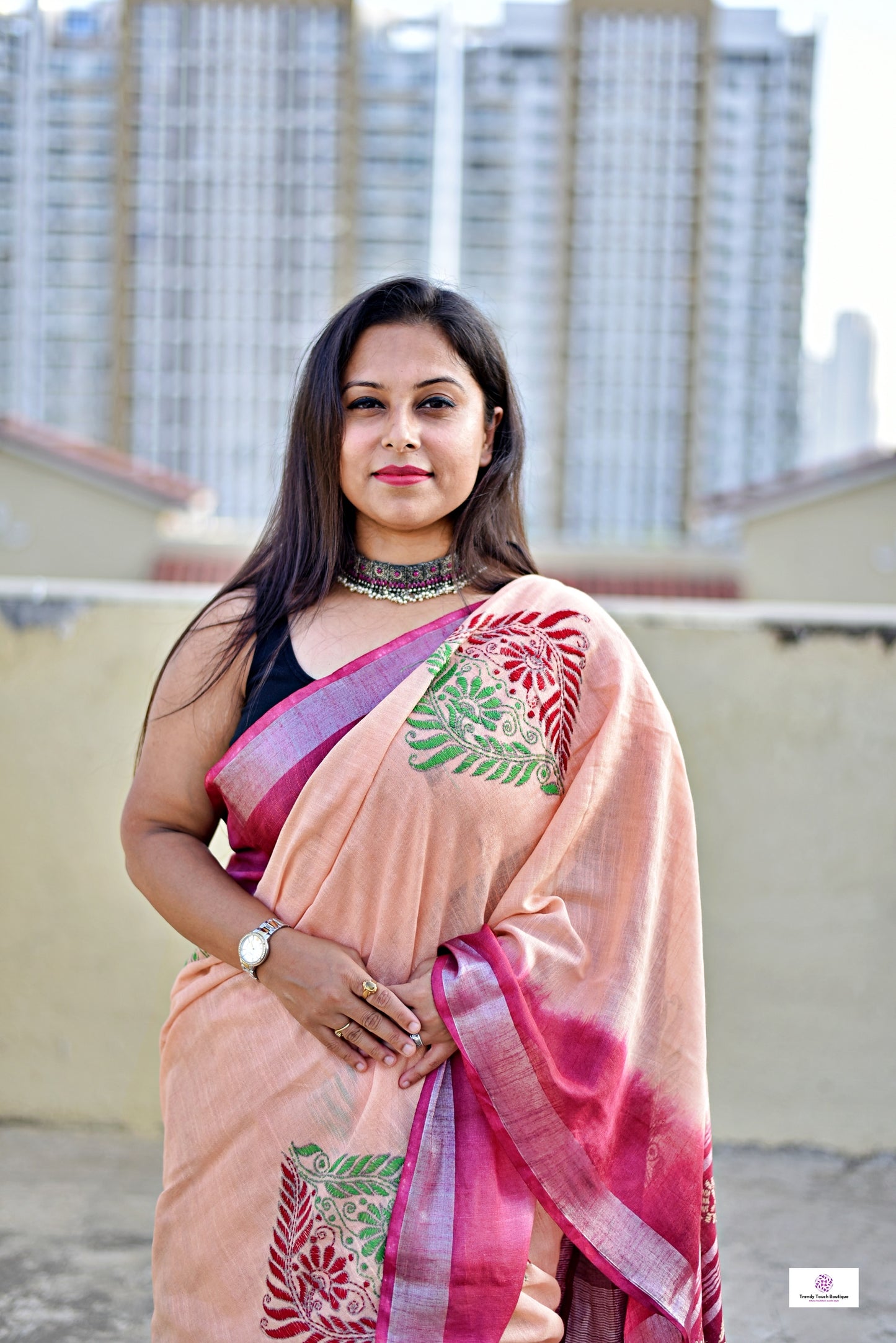 kantha handembroidery on a tie and dye maroon and chandan color linen with green and maroon thread. Best for office and casual styling with blouse piece and best price.