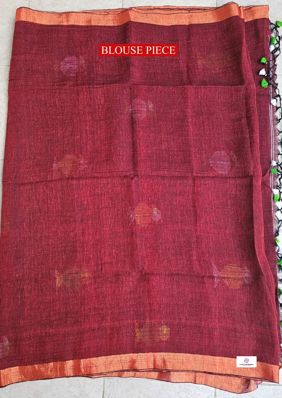 Maroon Birdy - Jamdani Handloom - Linen Saree