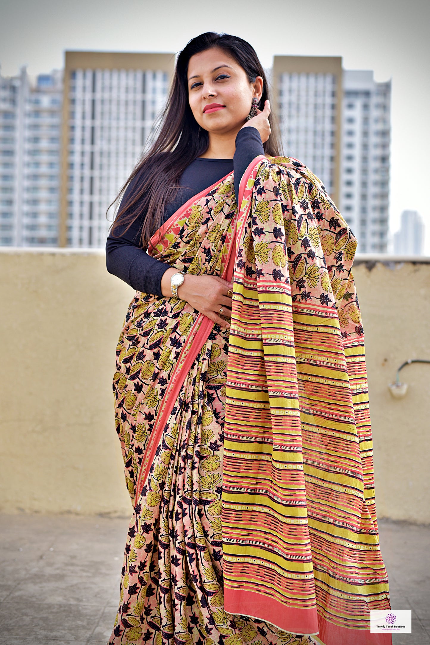 peach orange organic handblock print mul cotton saree ajrakh vanaspati natural dye floral print best summer fabric office and daily wear saree