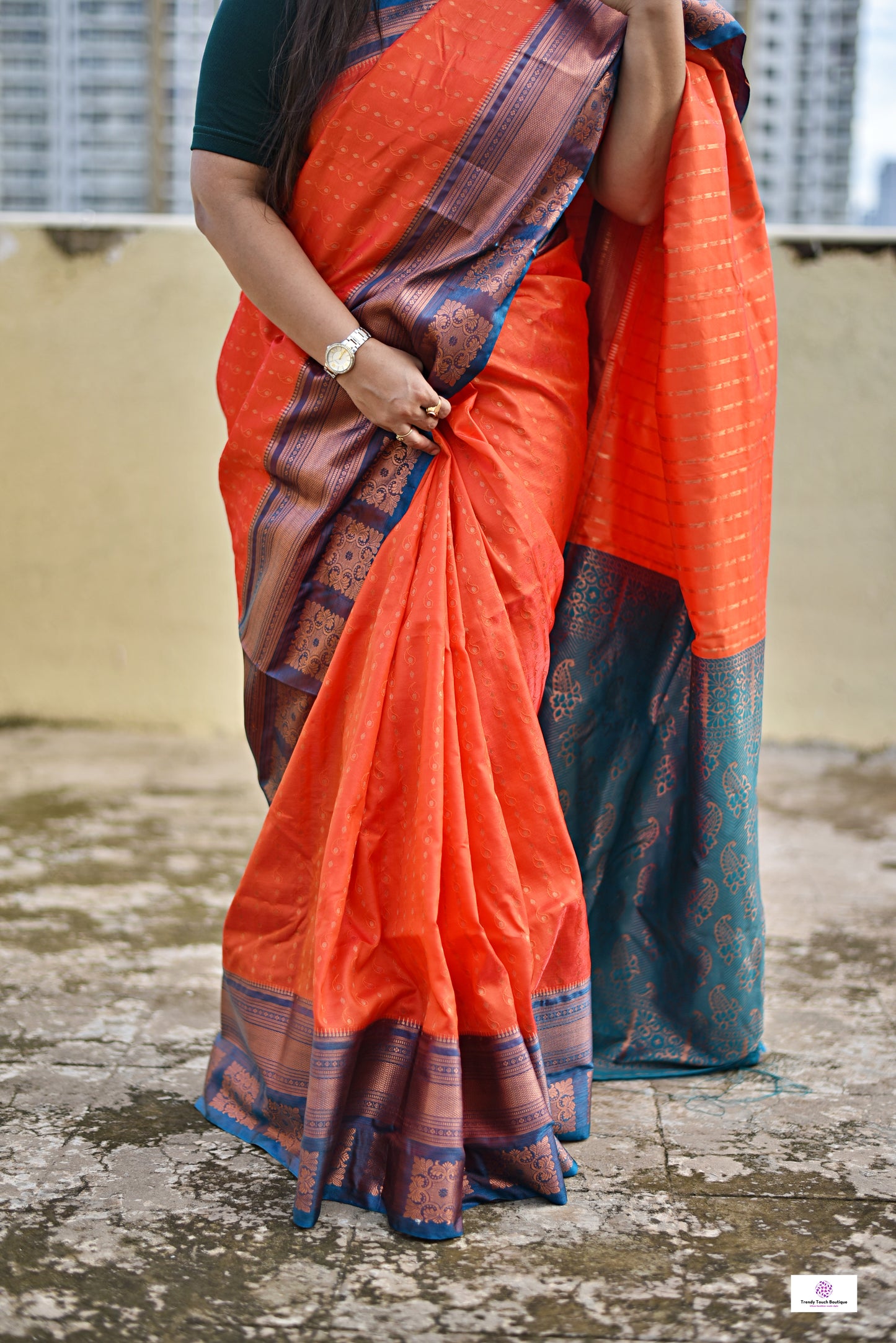 Ankhi - Peach Orange & Teal Green - Semi Kanjivaram Silk Saree