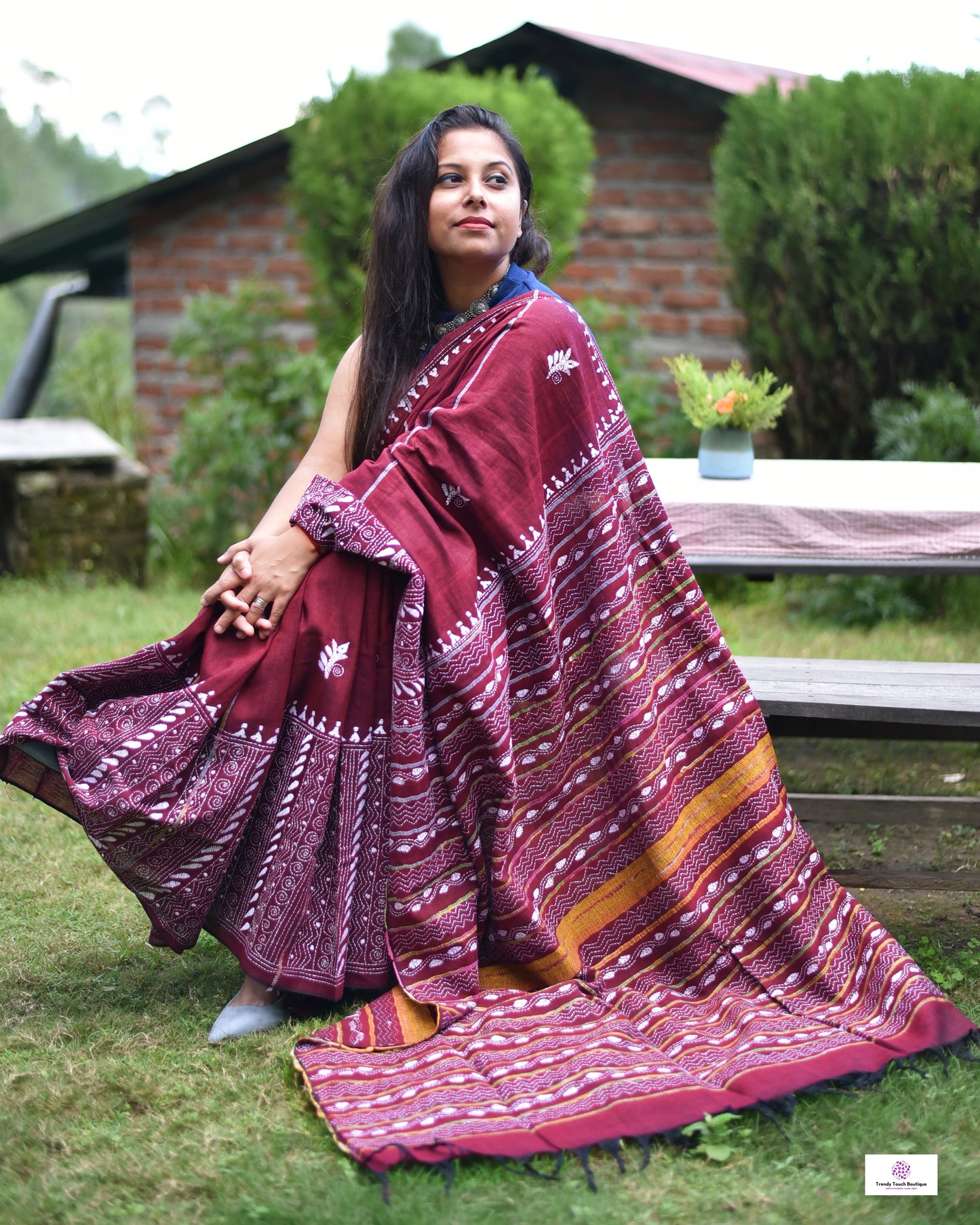 MAROON PLUNGE - KANTHA STITCH - KHESH COTTON SAREE