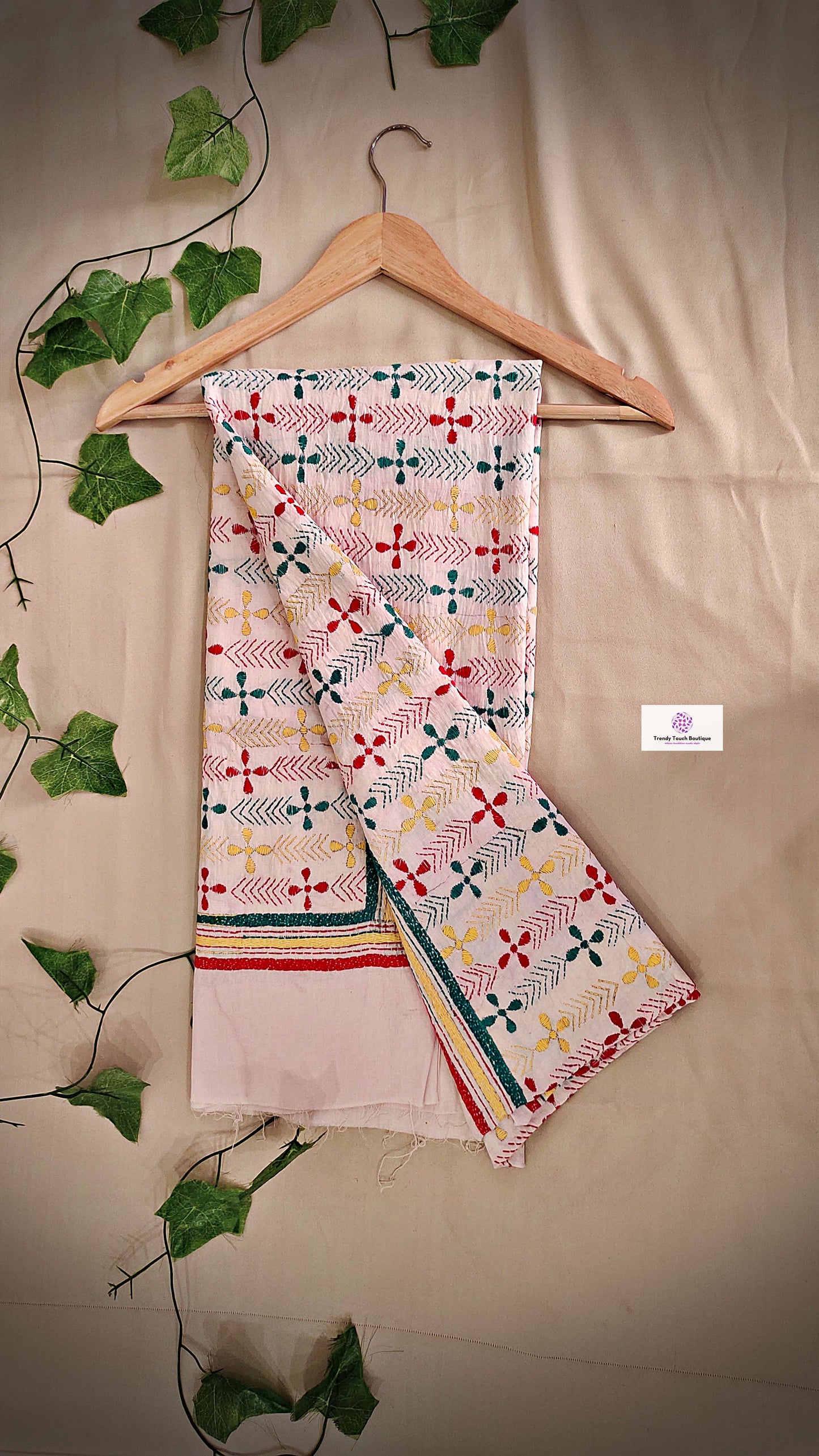 kantha handembroidered pure cotton designer statement dupatta for kurti styling in summer Holi sale best price green red yellow on white floral handcrafted