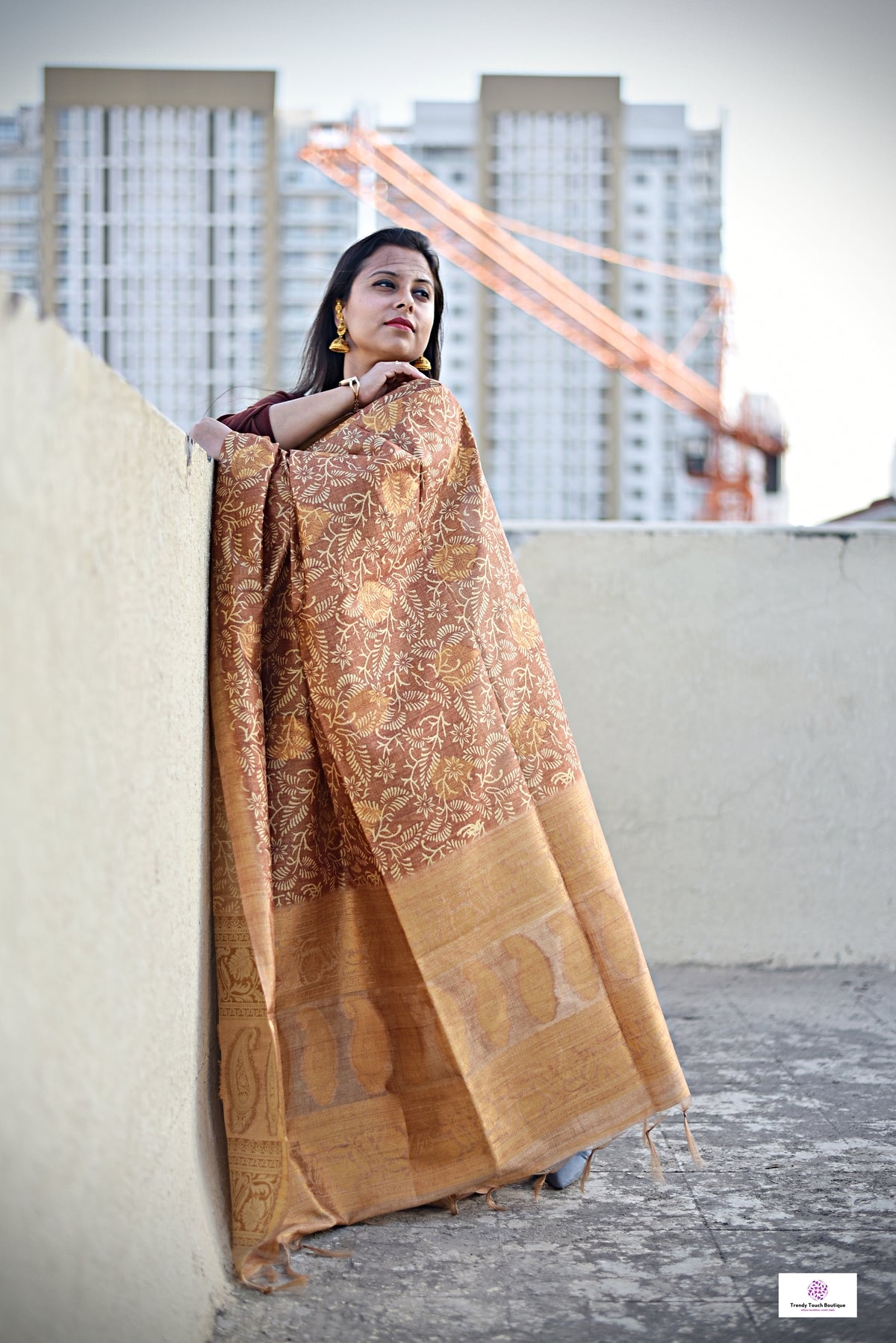 semi tussar silk saree in golden brown leaf pattern for special ocassion, office, wedding with blouse piece best price
