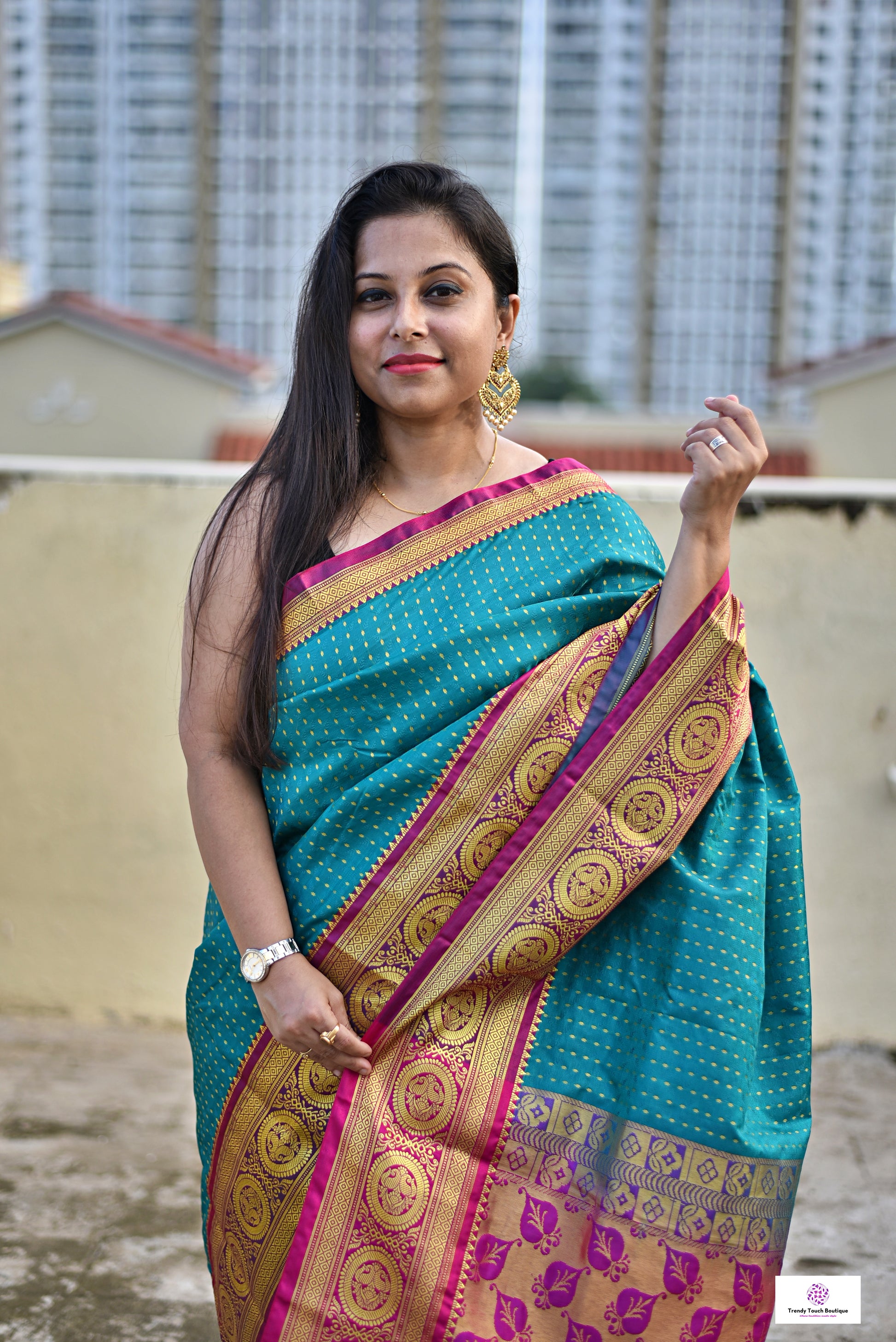 teal green & pink festive and special ocassion lightweight silk saree golden zari work buta on body and traditional motif on saree edges and pallu with blouse piece and best price