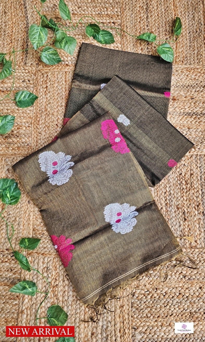 BLACKISH GOLD - TISSUE LINEN JAMDANI HANDLOOM SAREE