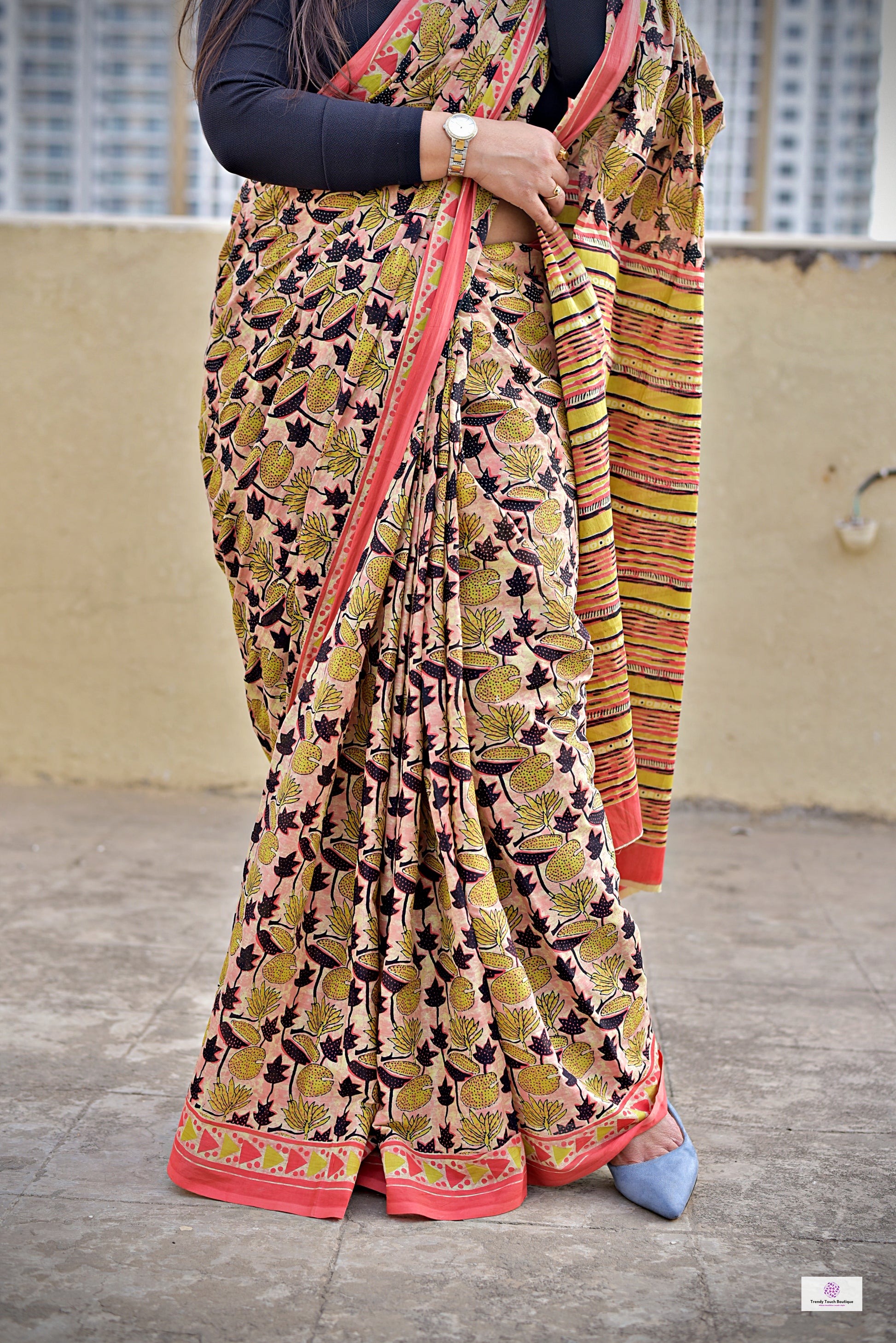 peach orange organic handblock print mul cotton saree ajrakh vanaspati natural dye floral print best summer fabric office and daily wear saree