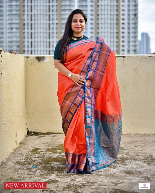 Ankhi - Peach Orange & Teal Green - Semi Kanjivaram Silk Saree