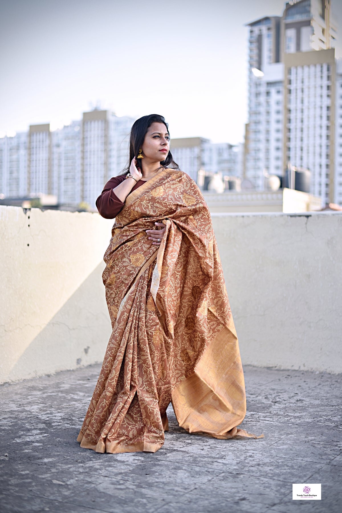 semi tussar silk saree in golden brown leaf pattern for special ocassion, office, wedding with blouse piece best price
