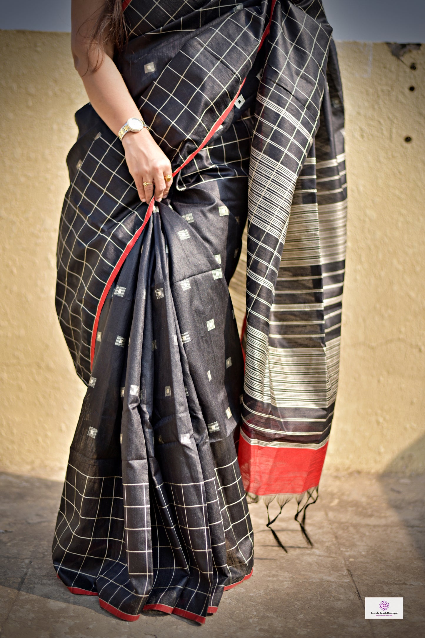 black red silk cotton office wear formal wear sarees check pattern with blouse piece contrast best price online handloom