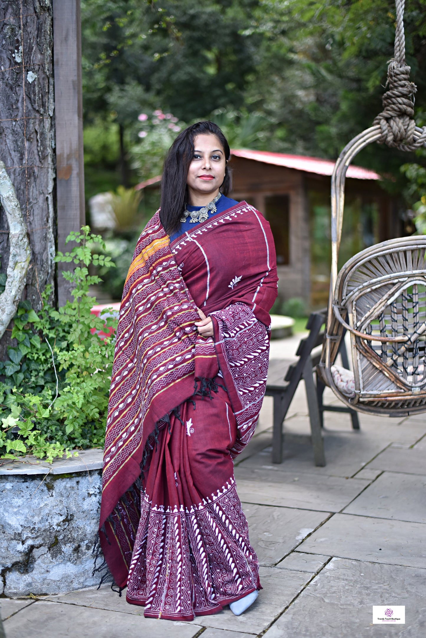MAROON PLUNGE - KANTHA STITCH - KHESH COTTON SAREE