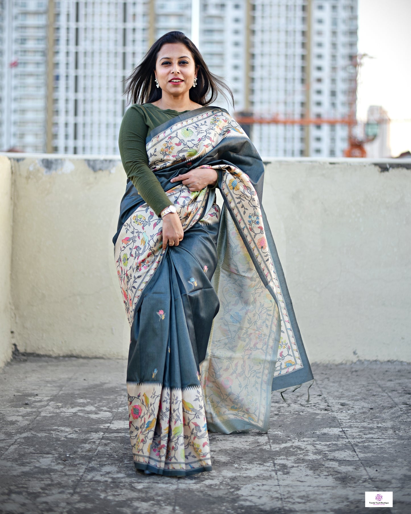 Dark Grey Green semi tussar silk aaree paithani pattern digital print for regular wear and casual function office for women with blouse piece and best price