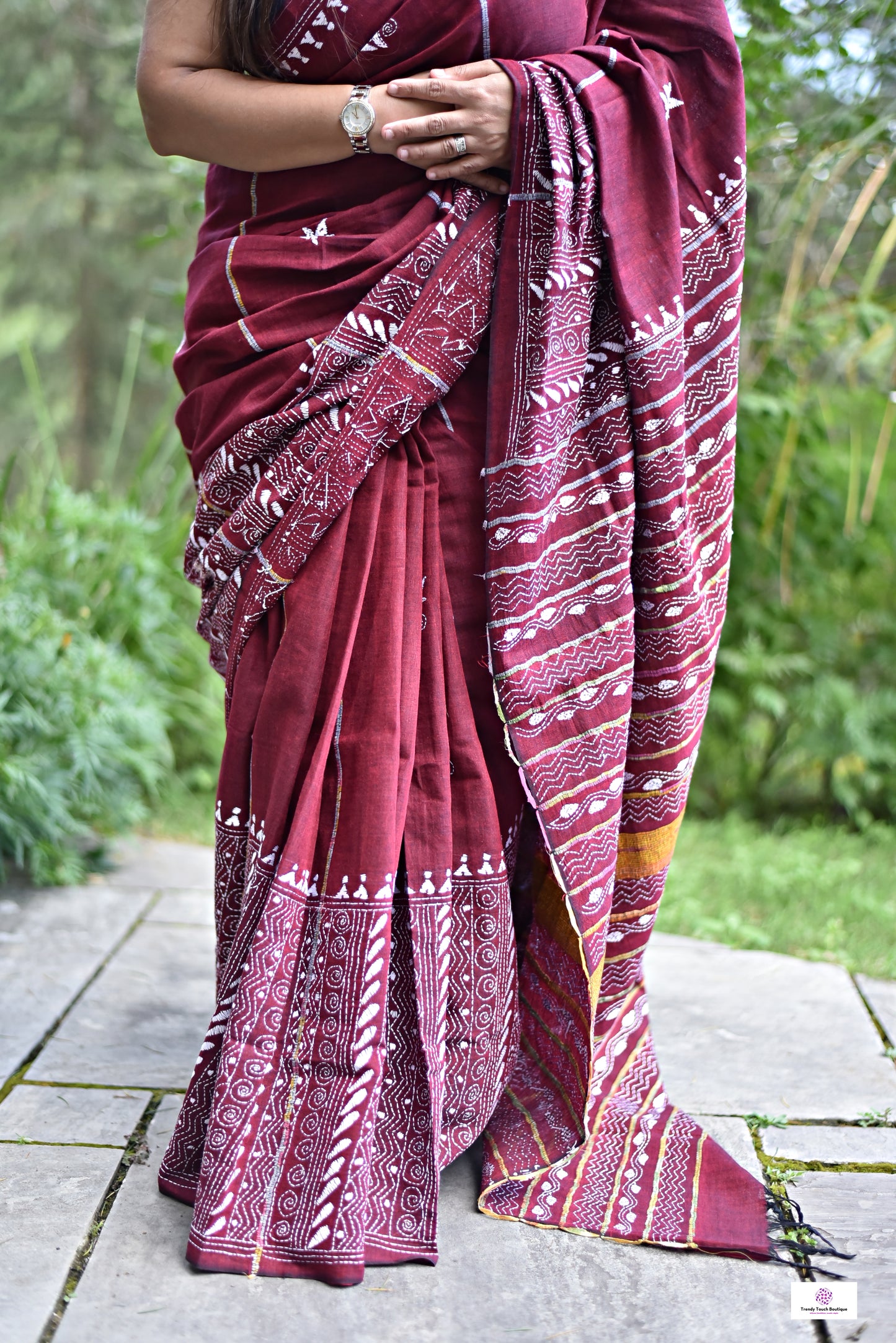 MAROON PLUNGE - KANTHA STITCH - KHESH COTTON SAREE