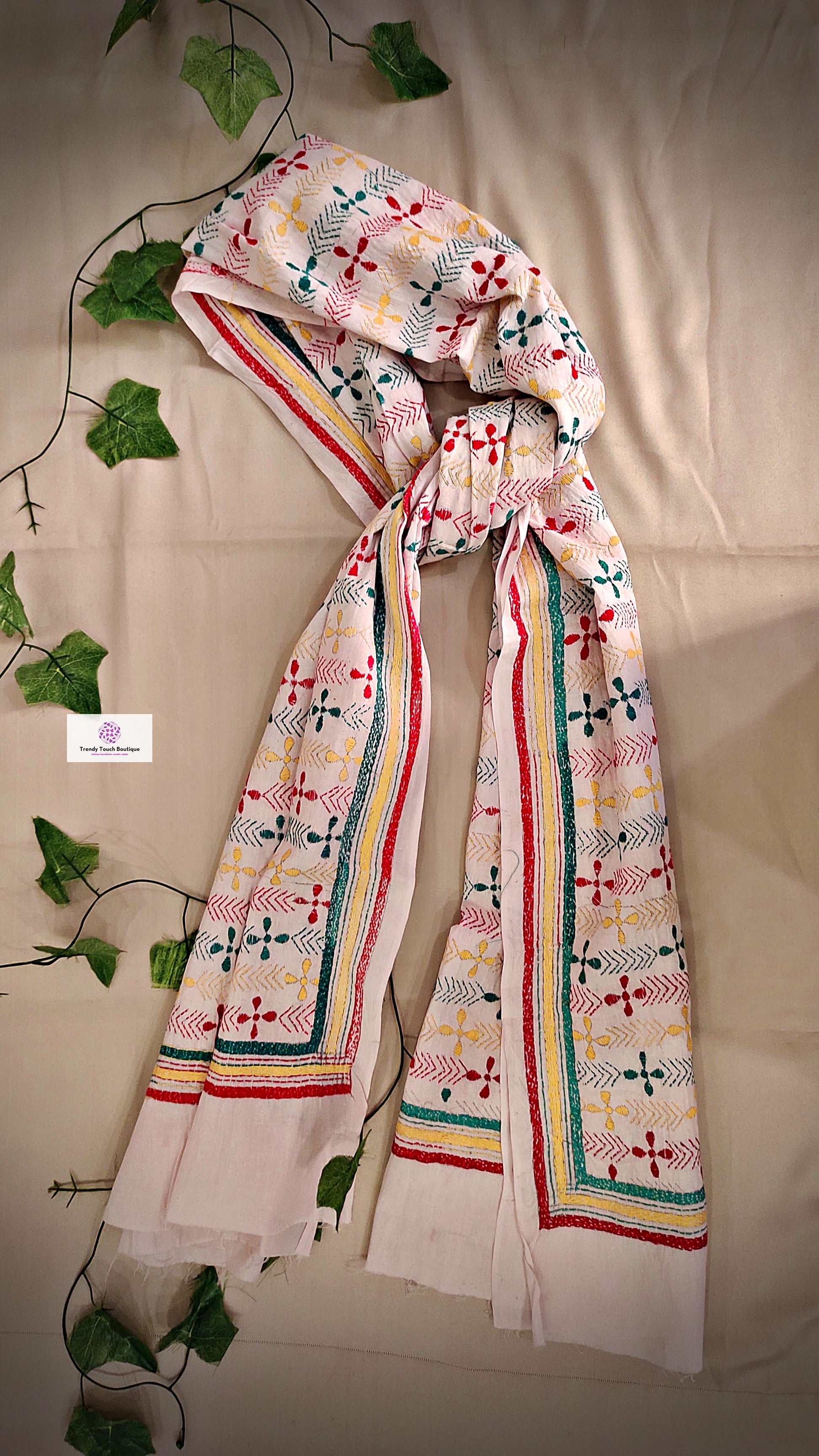 kantha handembroidered pure cotton designer statement dupatta for kurti styling in summer Holi sale best price green red yellow on white floral handcrafted