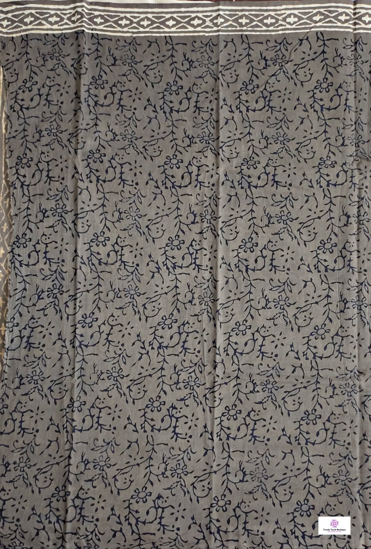 Black & Ash Grey Floral pattern Organic Handblock print in natural dye mul cotton saree office and casual styling best price best summer fabric with blouse piece