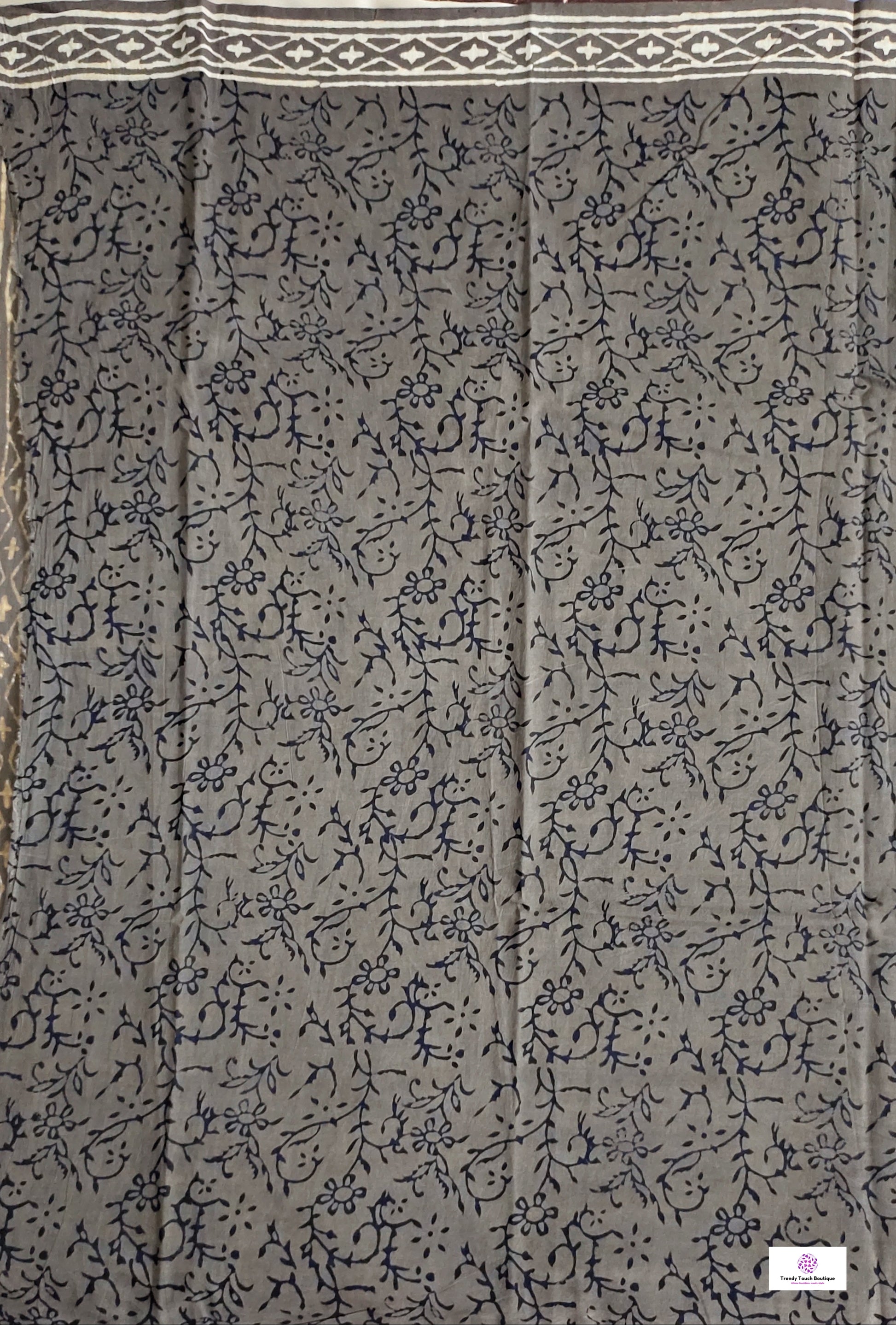 Black & Ash Grey Floral pattern Organic Handblock print in natural dye mul cotton saree office and casual styling best price best summer fabric with blouse piece