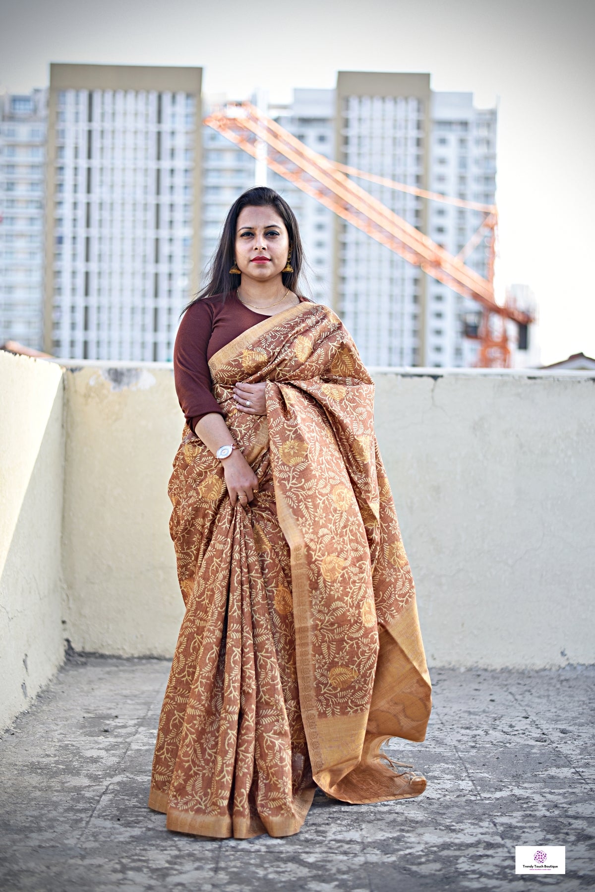 semi tussar silk saree in golden brown leaf pattern for special ocassion, office, wedding with blouse piece best price