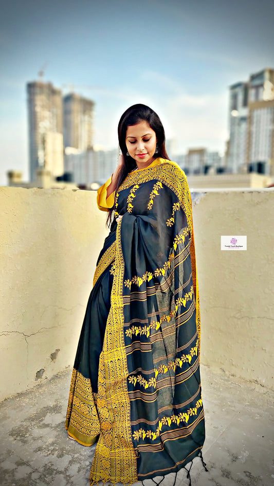 Black Sea - Hand Painted & Hand Embroidered - Begumpuri Cotton Saree (Made to Order)