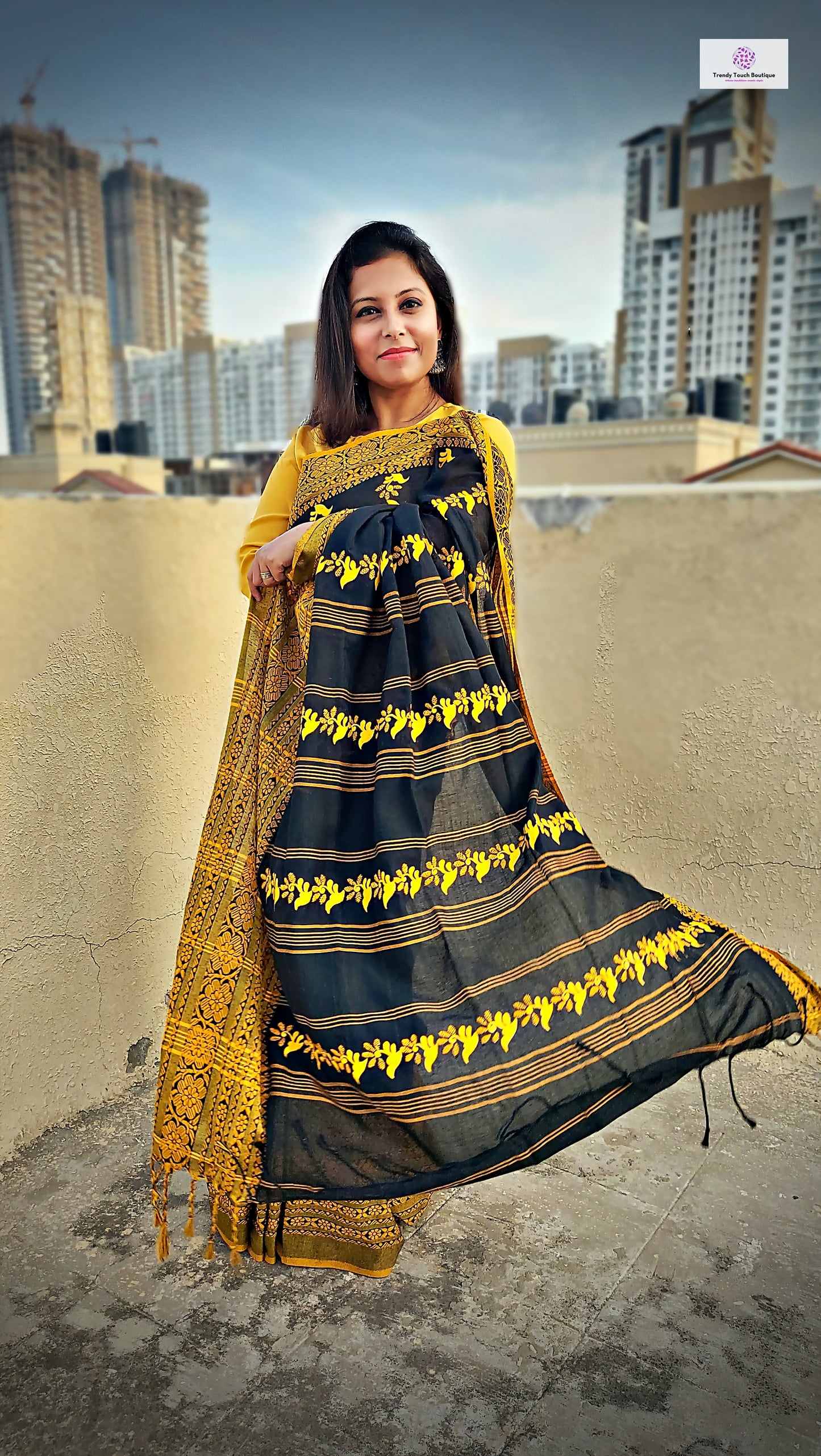 Black Sea - Hand Painted & Hand Embroidered - Begumpuri Cotton Saree (Made to Order)