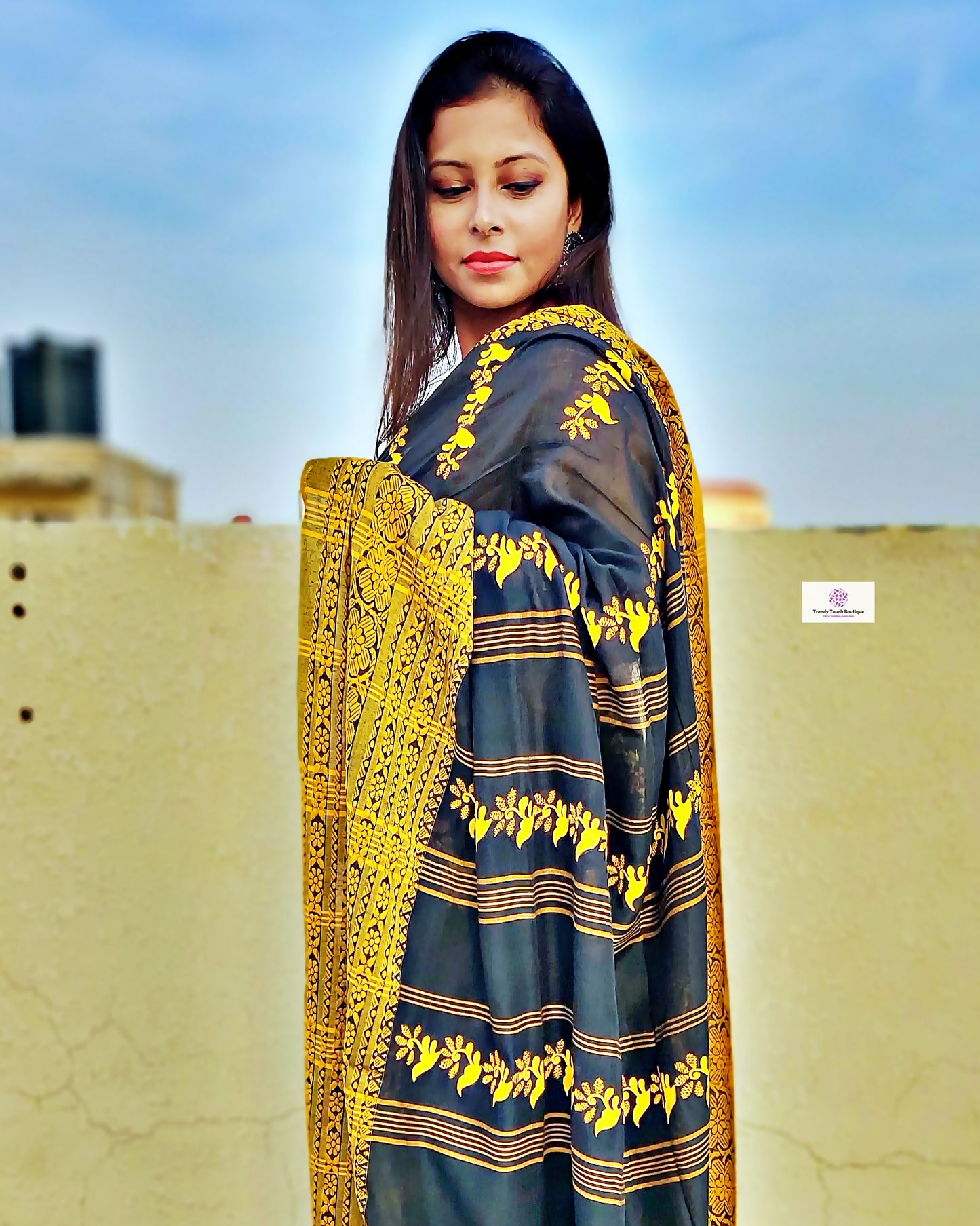 Black Sea - Hand Painted & Hand Embroidered - Begumpuri Cotton Saree (Made to Order)