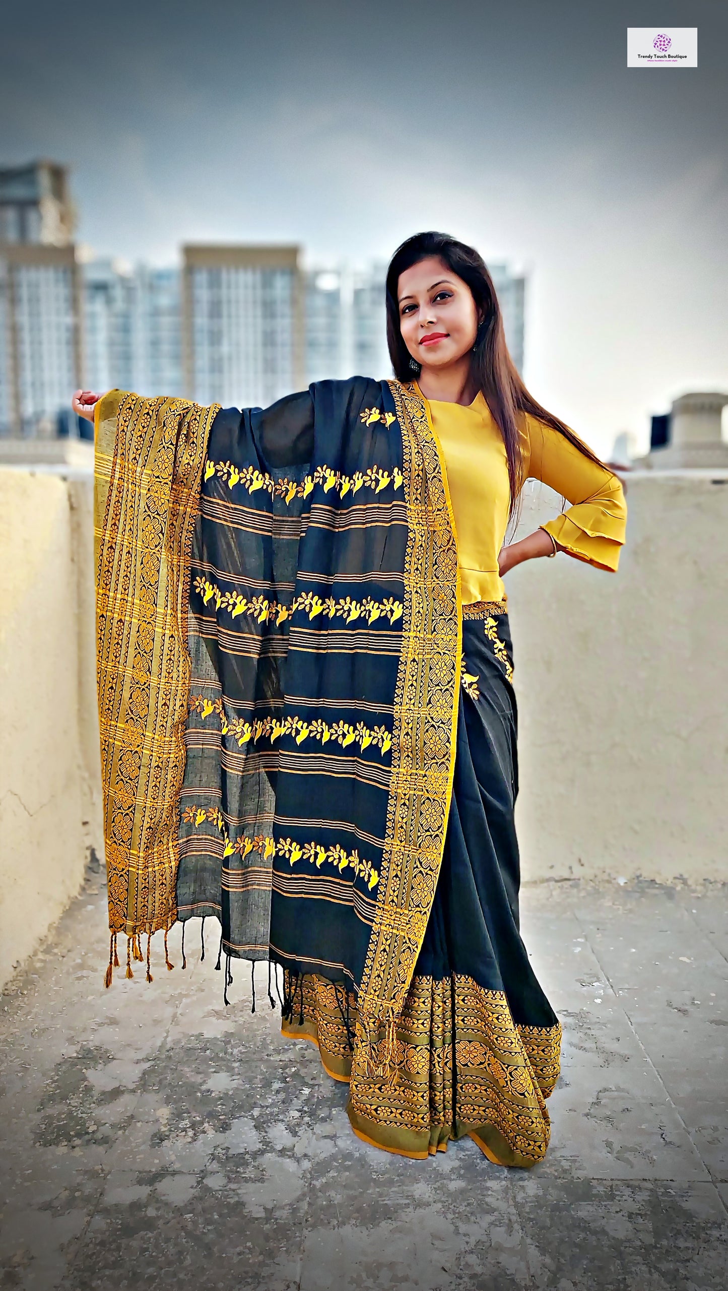 Black Sea - Hand Painted & Hand Embroidered - Begumpuri Cotton Saree (Made to Order)