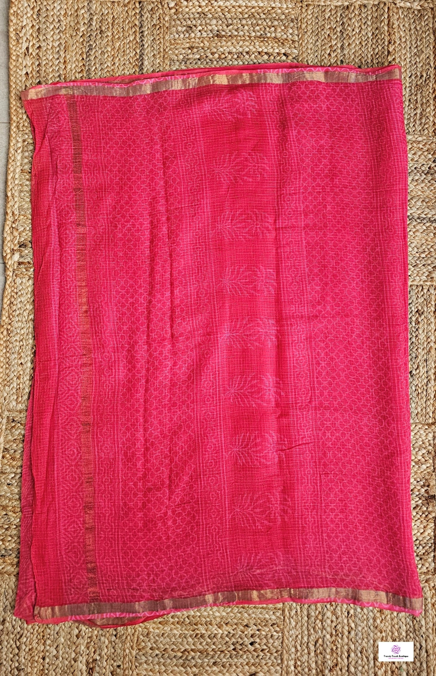 Pinkish Red Kota doria handblockprinted in natural dye festive gift officewear lightweight saree with blouse piece