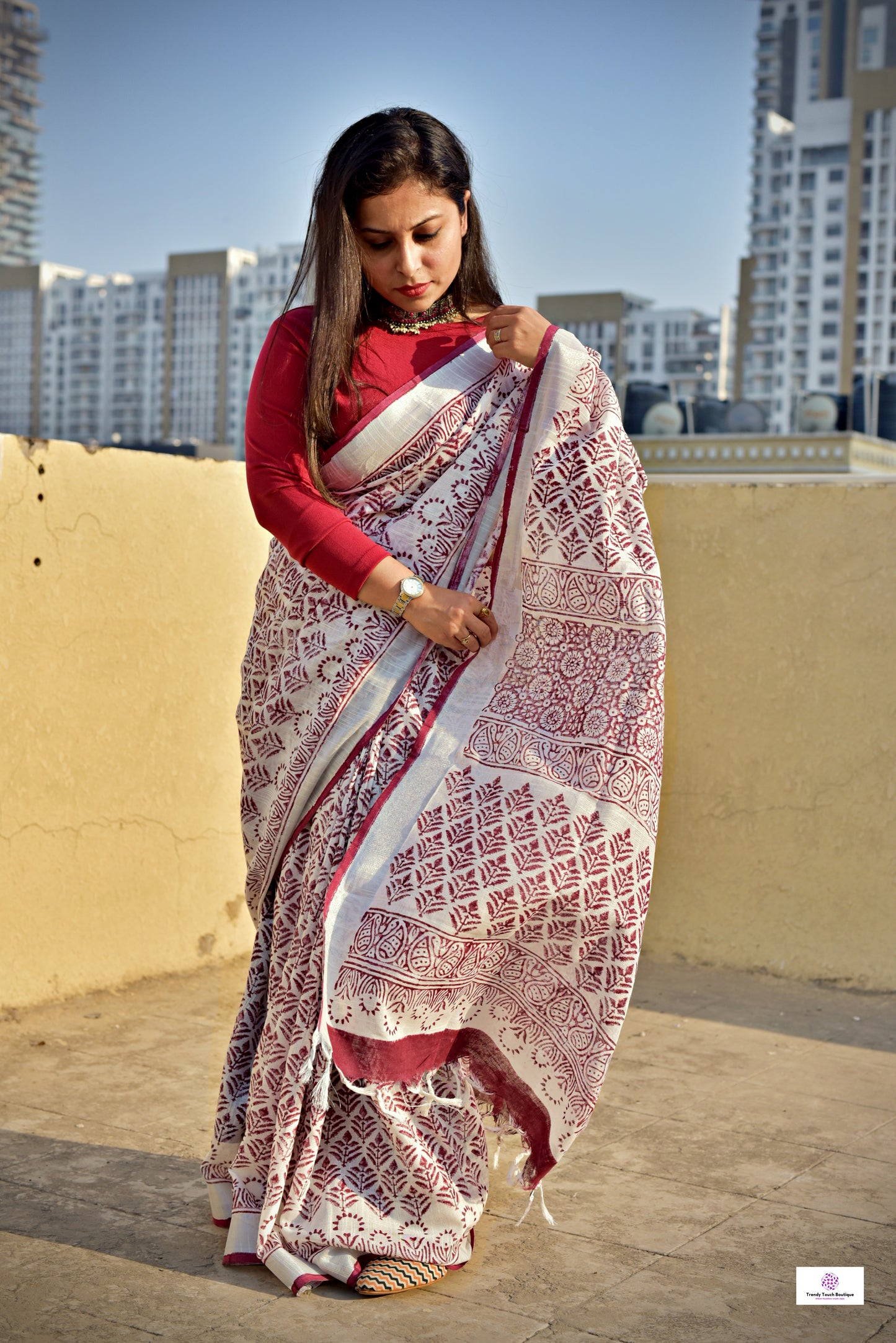 Maroon White Organic Linen Saree Handblock print in natural dye green soft best summer saree for office and casual outing best price with blouse piece