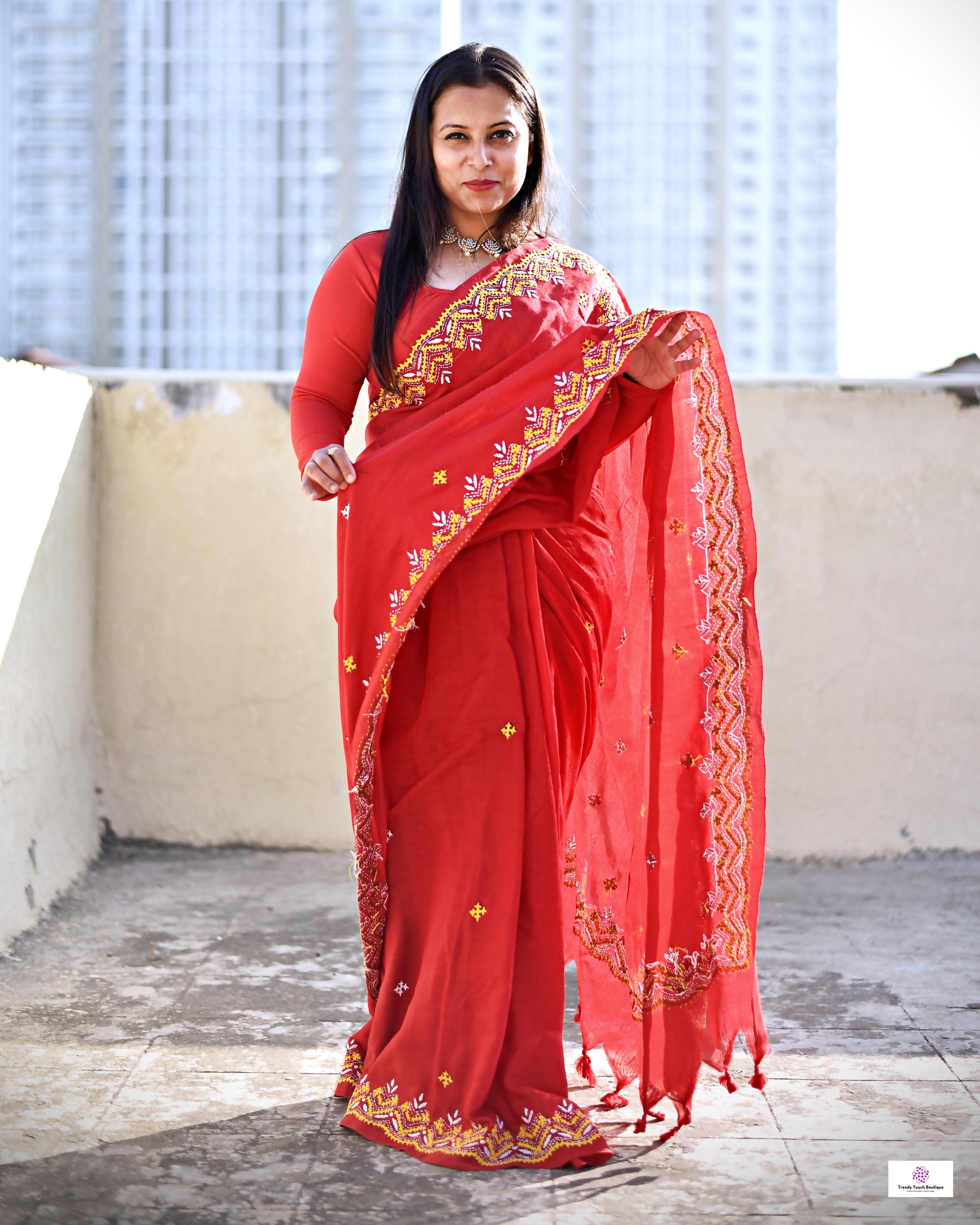 Kutch sindhi handembroidered red mulcotton saree bridal wear casual function wedding with blouse piece best price