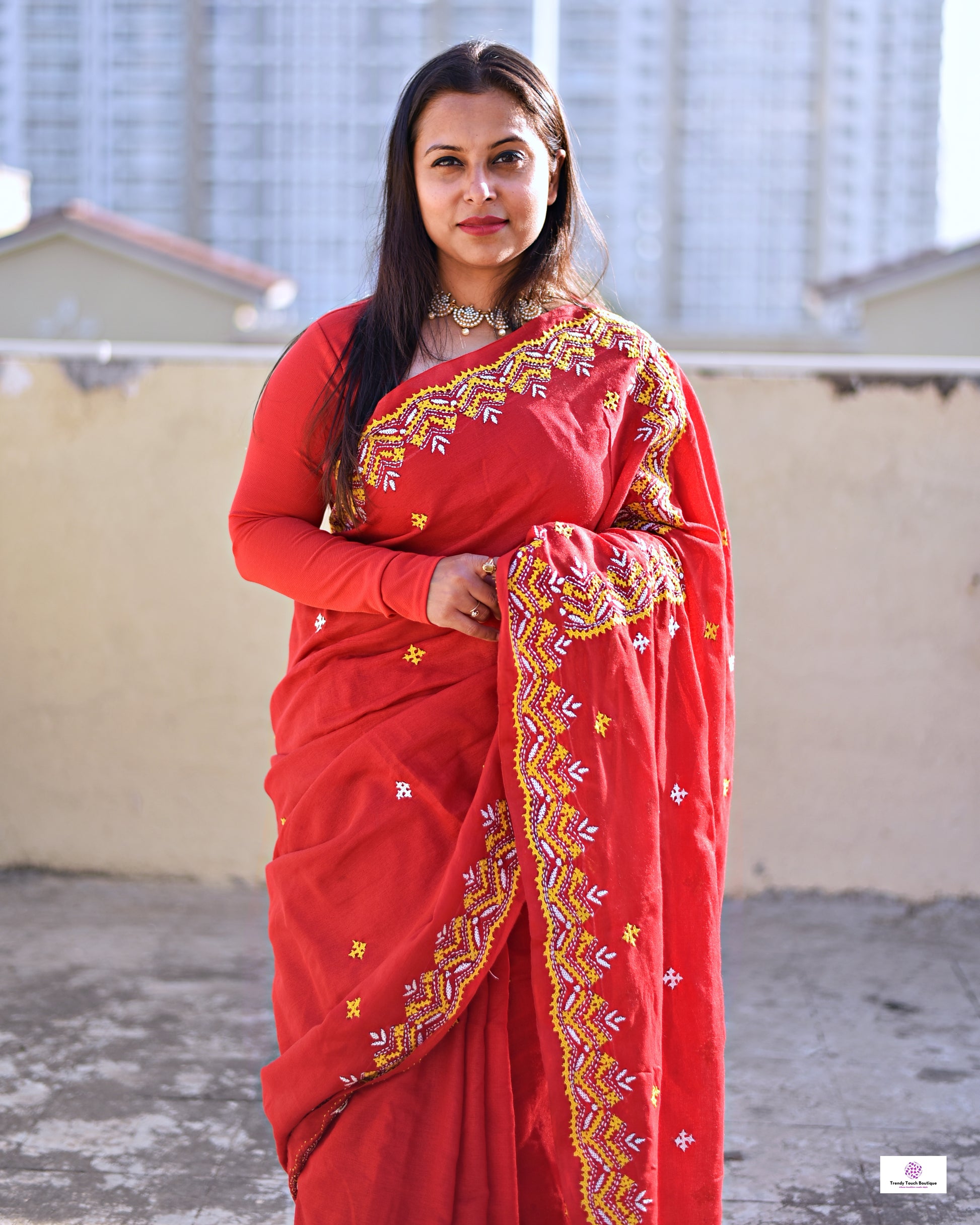 Kutch sindhi handembroidered red mulcotton saree bridal wear casual function wedding with blouse piece best price