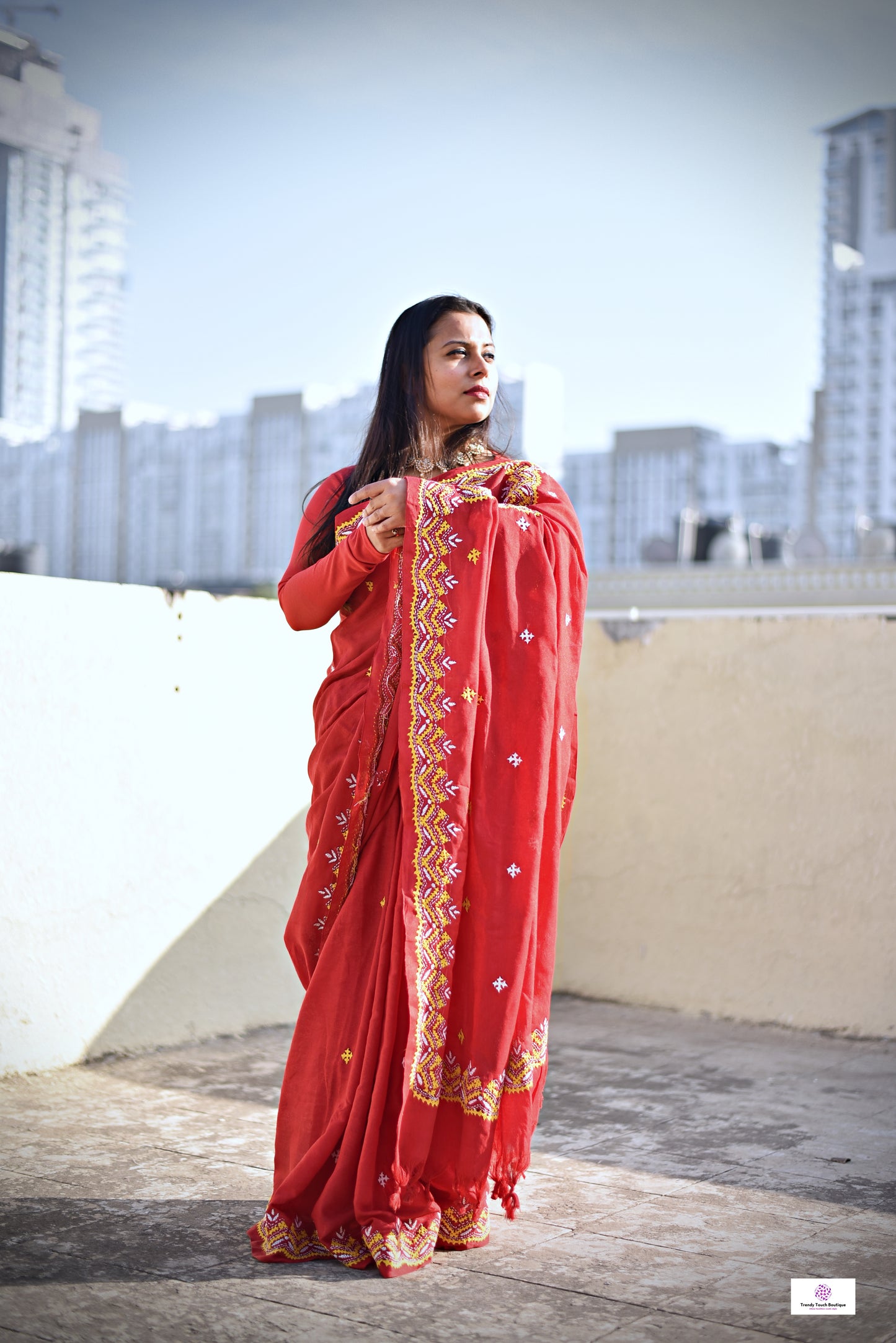 Kutch sindhi handembroidered red mulcotton saree bridal wear casual function wedding with blouse piece best price