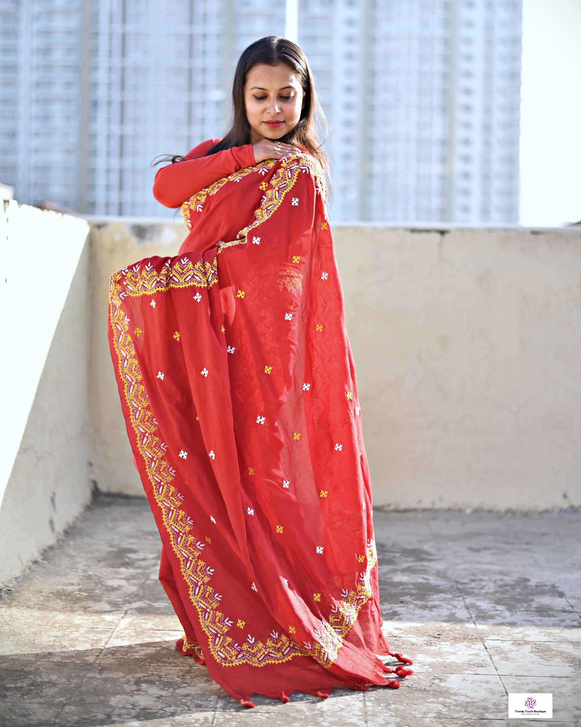 Kutch sindhi handembroidered red mulcotton saree bridal wear casual function wedding with blouse piece best pricev