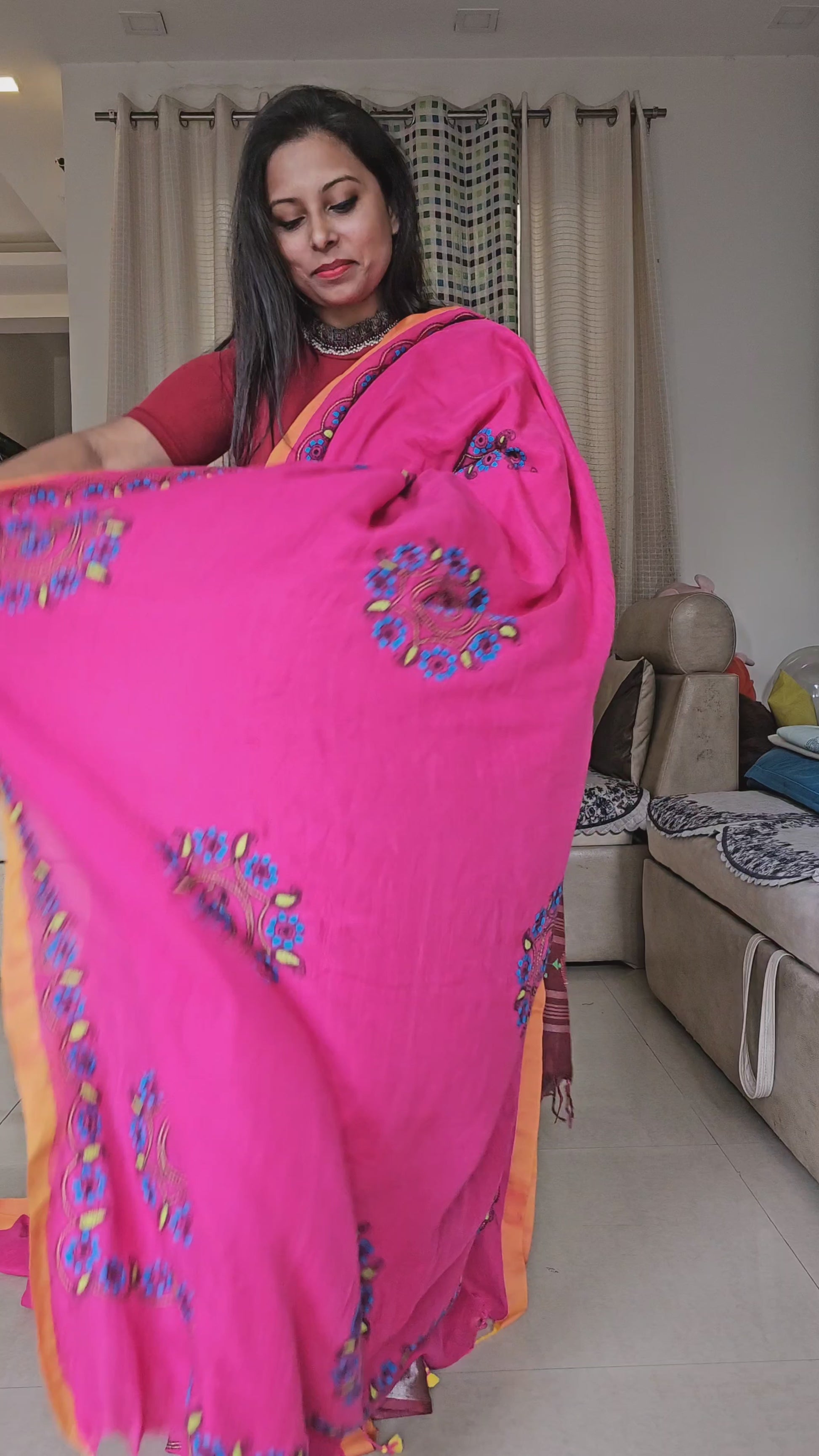 kantha handembroidered pink mulcotton saree with yellow tassel for office wear and casual outing wedding and special functions with blouse piece best price