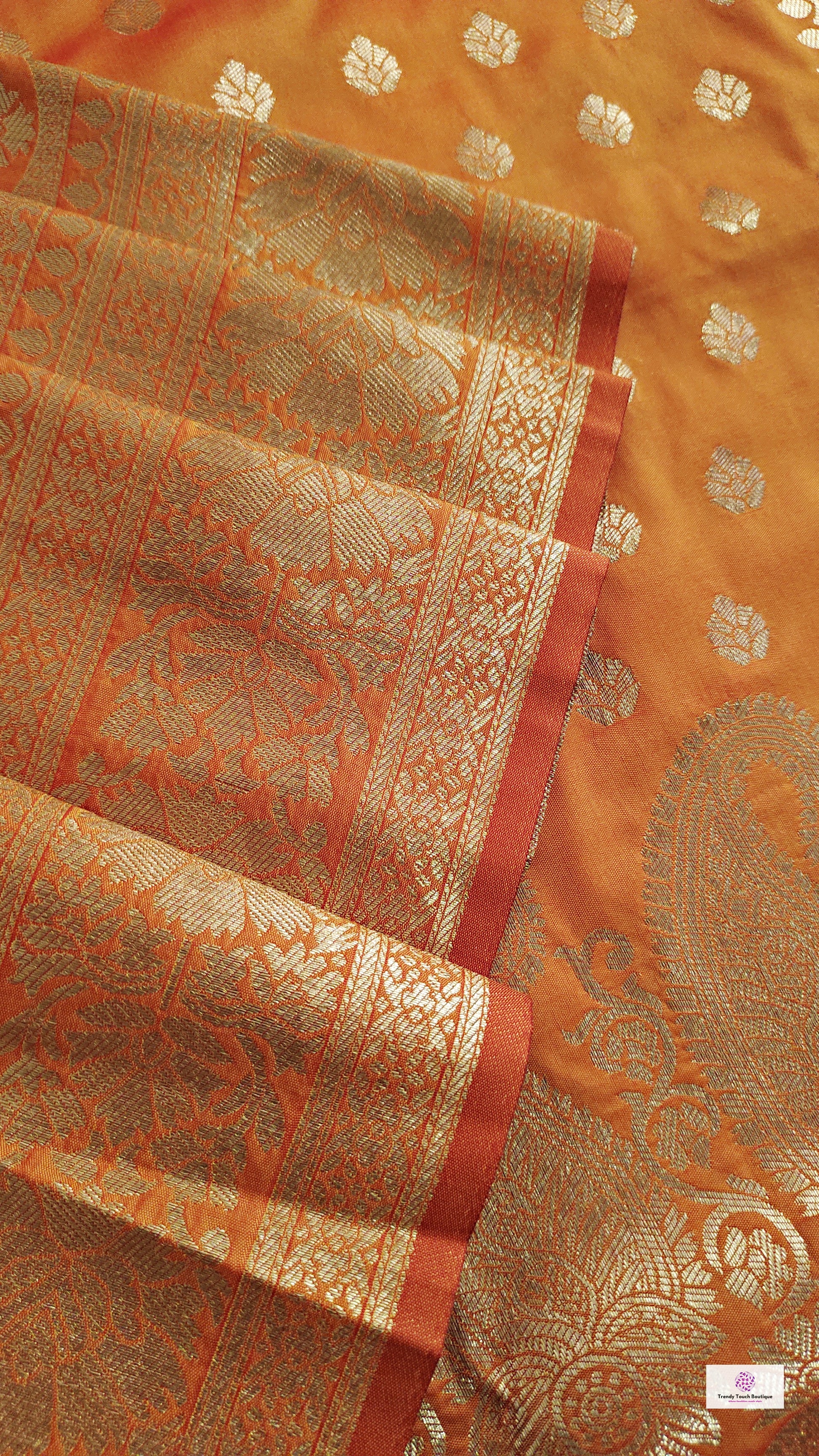 Banarasi silk saree bridal wedding gift partywear ochre orange color best price online