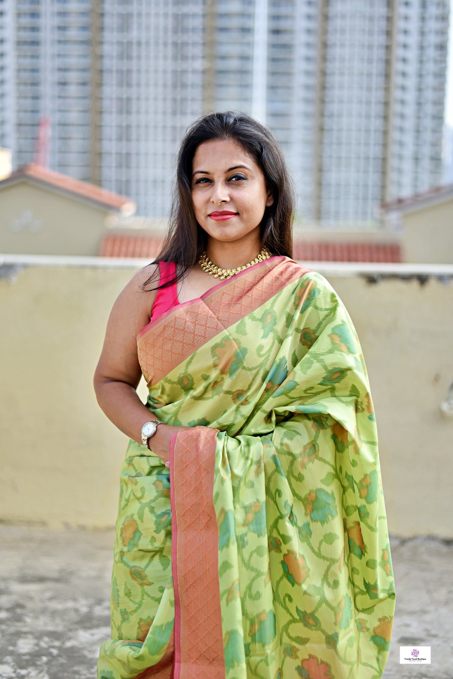 ikkat style digital print soft silk saree green pink for haldi sangeet marriage bridal function puja and special ocassion with blouse piece best price
