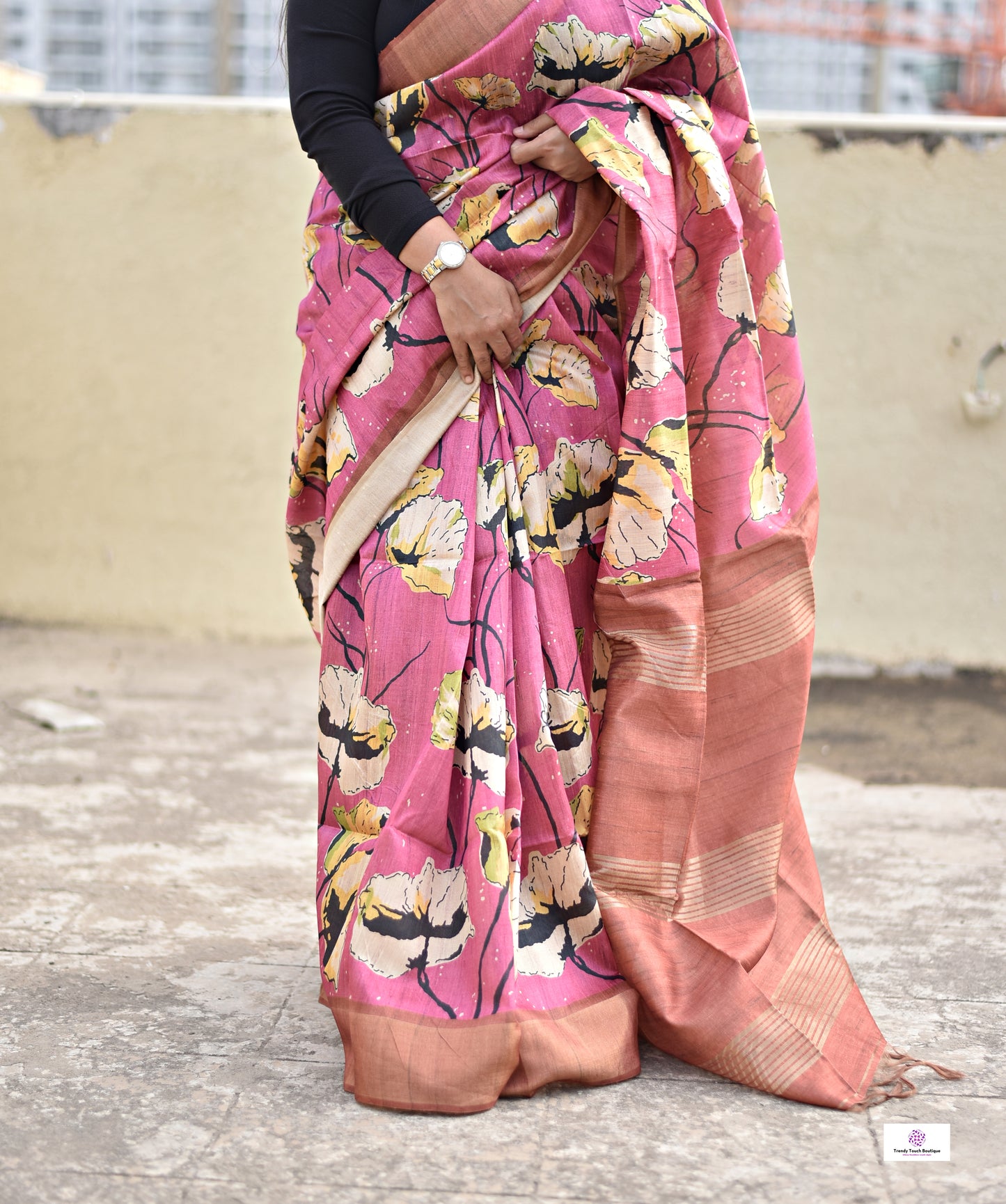 Pink semi tussar silk saree with floral digital print for regular wear and casual function office for women with blouse piece and best price