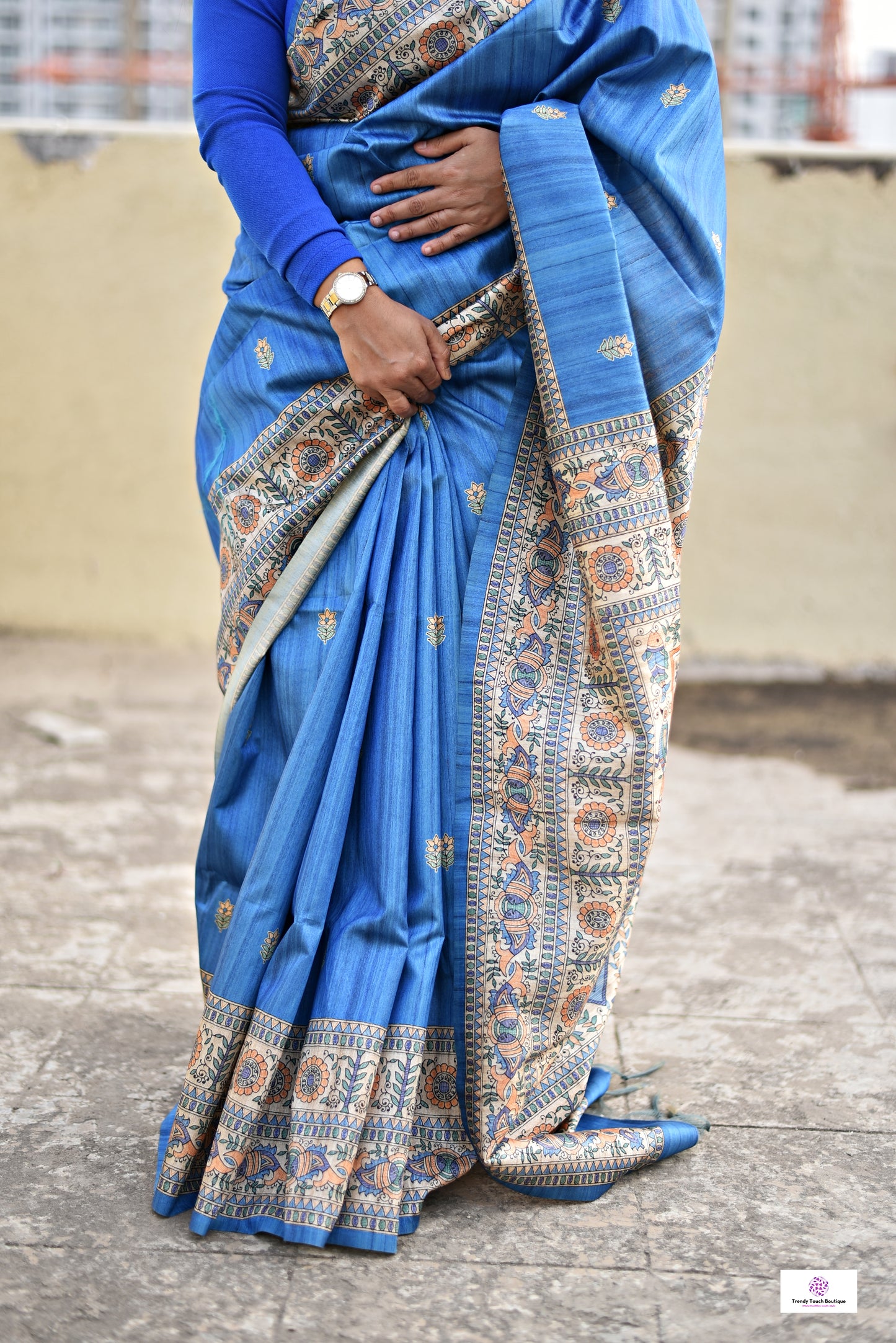 semi ghicha silk blue madhubani digital print saree for regular wear and casual function office for women with blouse piece and best price