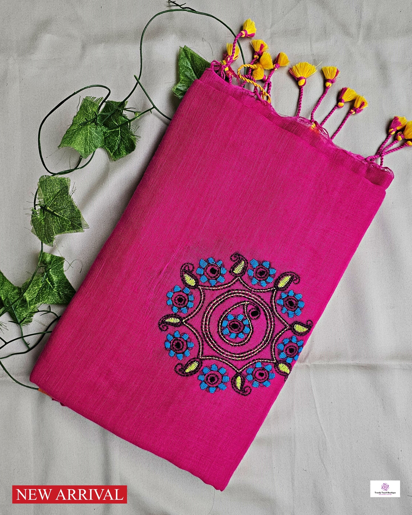 kantha handembroidered pink mulcotton saree with yellow tassel for office wear and casual outing wedding and special functions with blouse piece best price
